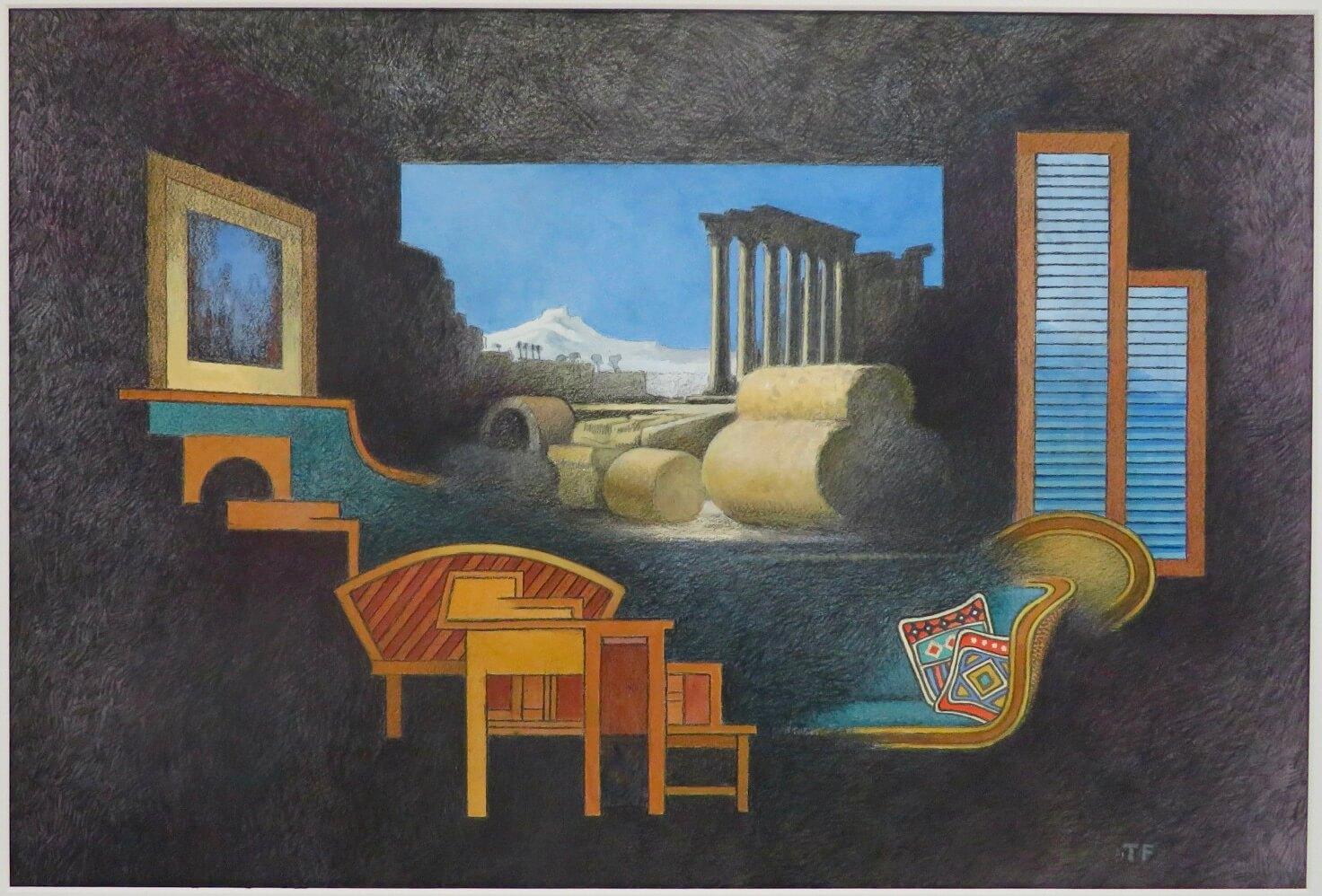 Trevor Frankland RWS -gran acuarela original de fantasía de estilo cubista GRAND TOUR - Interior Art Gris de TREVOR FRANKLAND