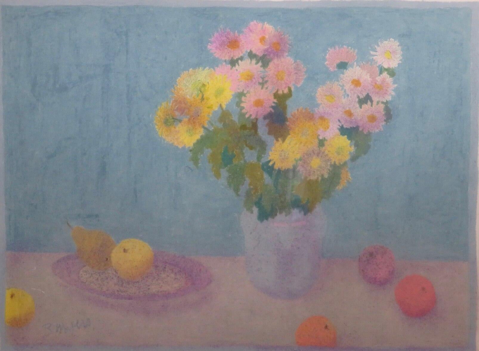Original LARGE Blumenstillleben Englisch Pastellmalerei von BERNARD MYERS (Grau), Still-Life, von Bernard Myers