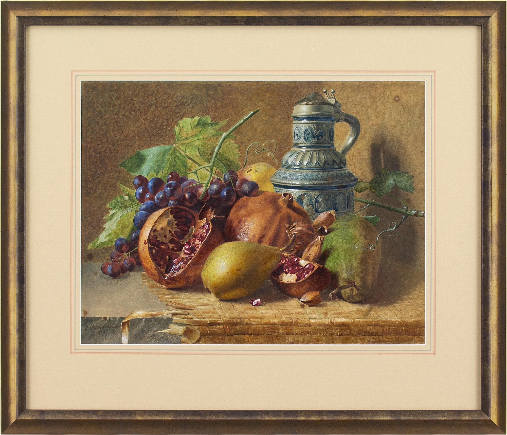 This vibrant 19th-century still life depicts an abundant array of fruit including pomegranates, pears, and grapes with a jug. There’s a fine quality to the brushwork with every element rendered with a skilful touch and careful observation.

It’s an