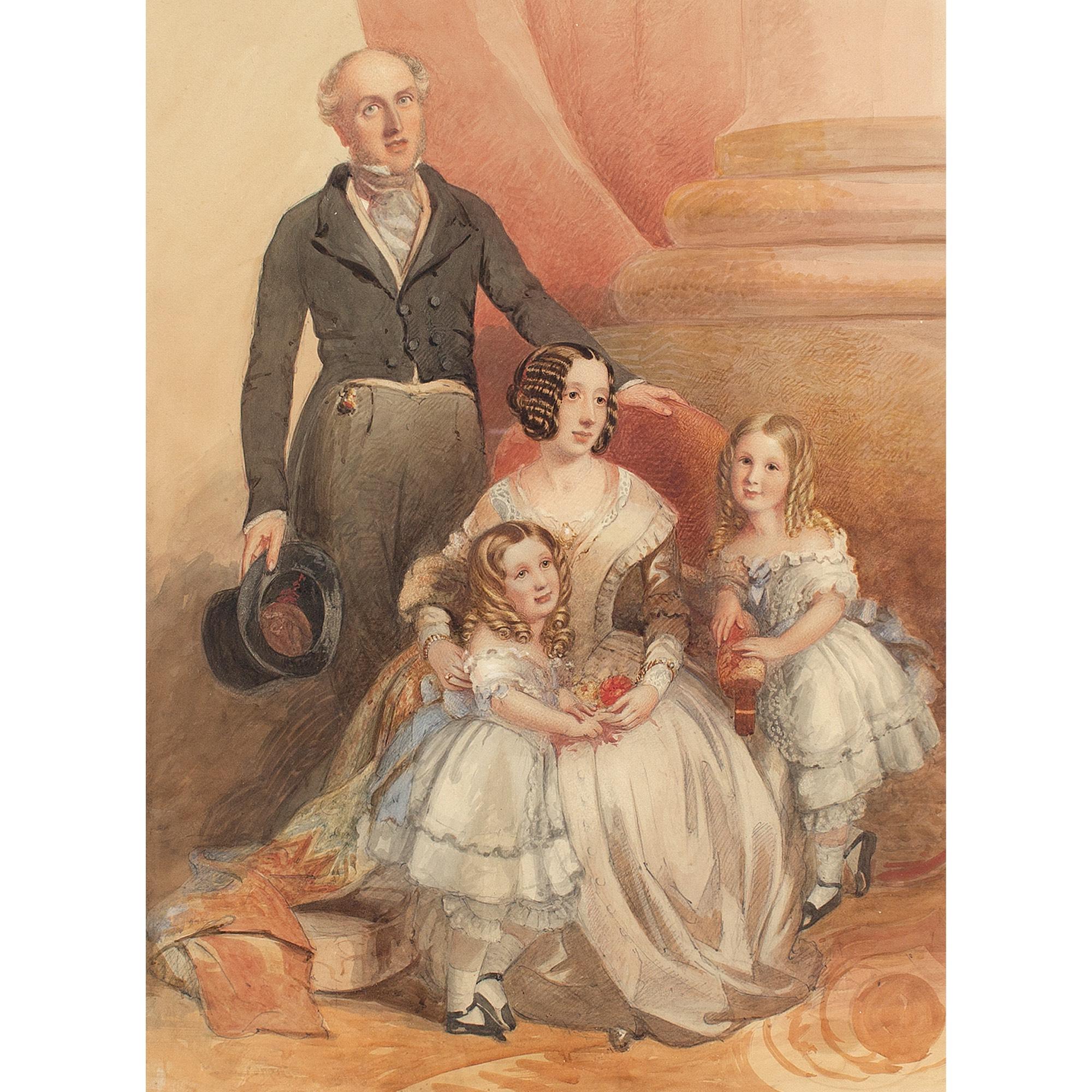 This beautiful mid-19th-century group portrait by British artist Frederick Cruickshank (1800-1868) depicts a father, mother and their two daughters within an interior setting. It’s a charming snapshot of a loving family.

The outfits date to around
