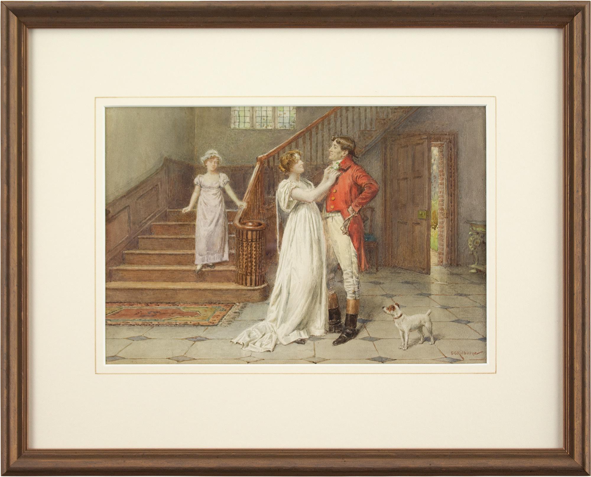 Dieses Aquarell des britischen Künstlers George Goodwin Kilburne (1845-1932) aus dem frühen 20. Jahrhundert stellt eine Liebesszene aus dem frühen 19. Jahrhundert dar. Während ihre Tochter zuschaut, richtet die Mutter die Knopflochblume des Vaters,