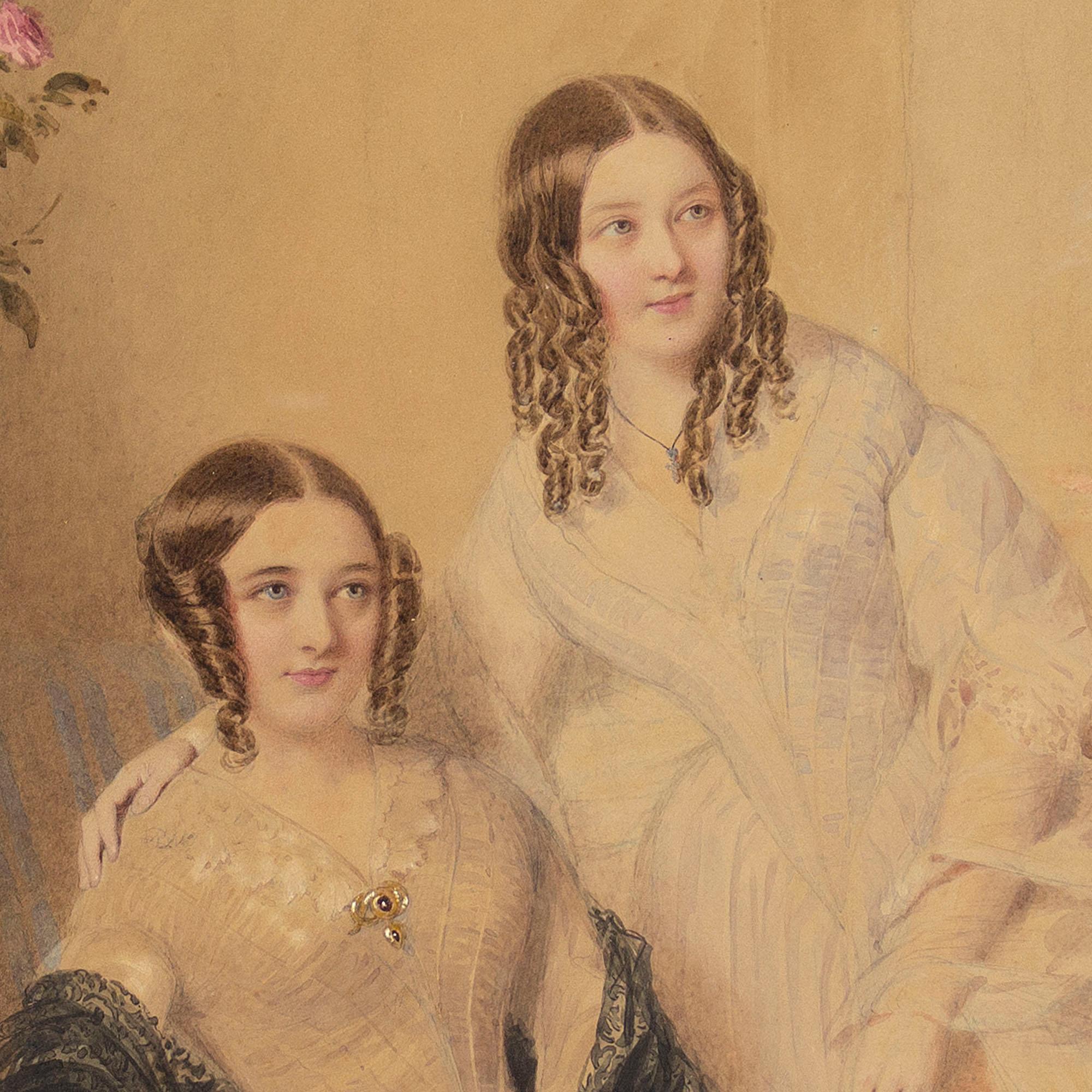 Dieses schöne Porträt des britischen Künstlers William Drummond (ca. 1800-1860) zeigt zwei Schwestern in einem Interieur. Es ist ein charmanter Einblick in das Leben dieser jungen Frauen.

Gekleidet in die neueste Mode der 1860er Jahre, die Haare