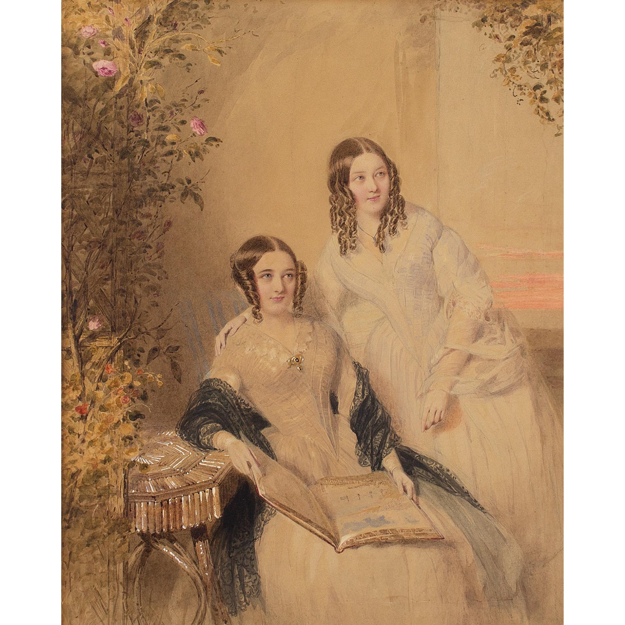 William Drummond, Porträt zweier Schwestern, Aquarell – Art von William Drummond (artist)