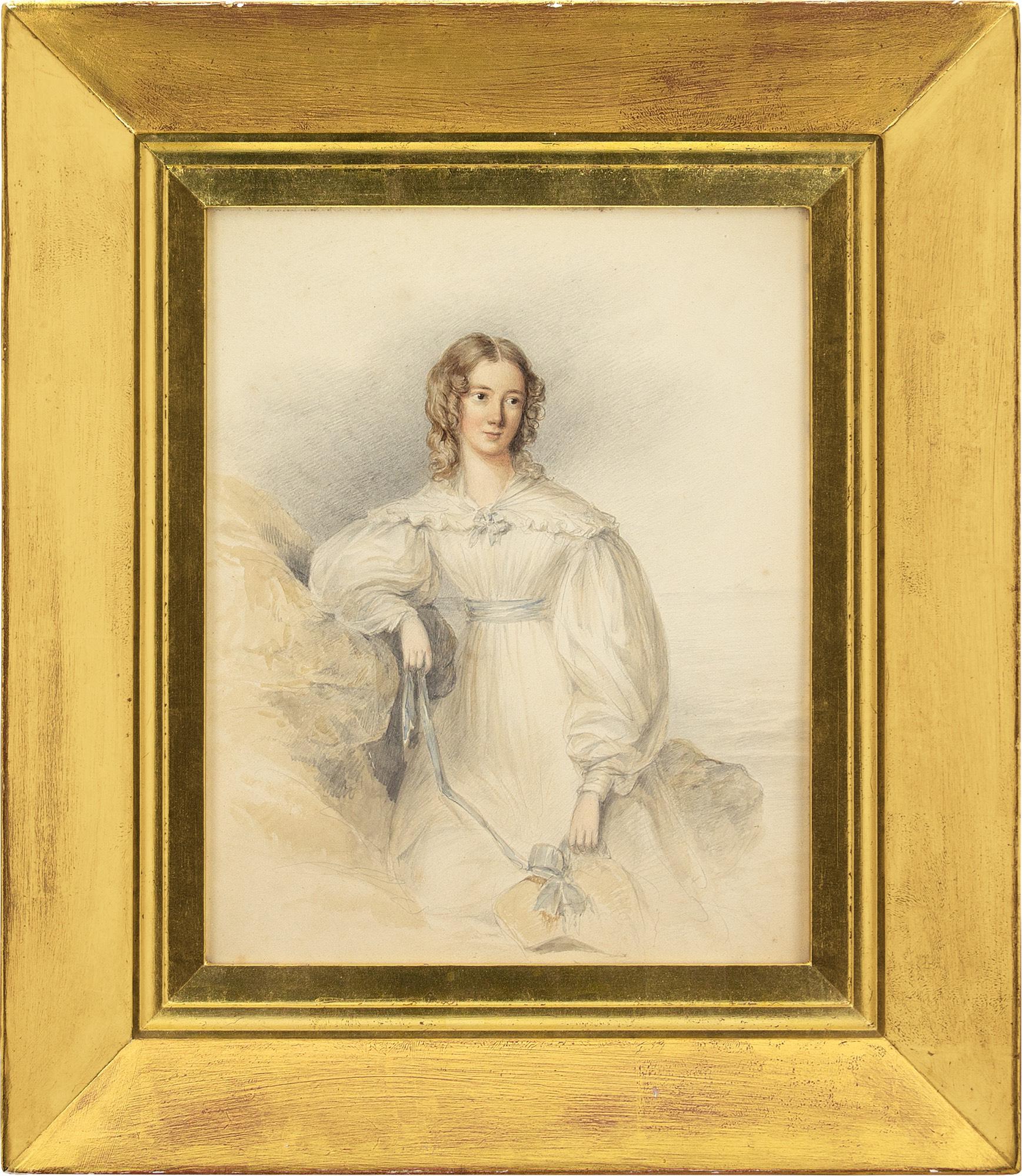 This exquisite portrait by British artist William Moore (1790-1851) depicts a young lady wearing a beautiful white dress with gigot sleeves. It’s a gentle portrayal representing the romanticised ideals of the 1830s. The portrait dates to circa 1833