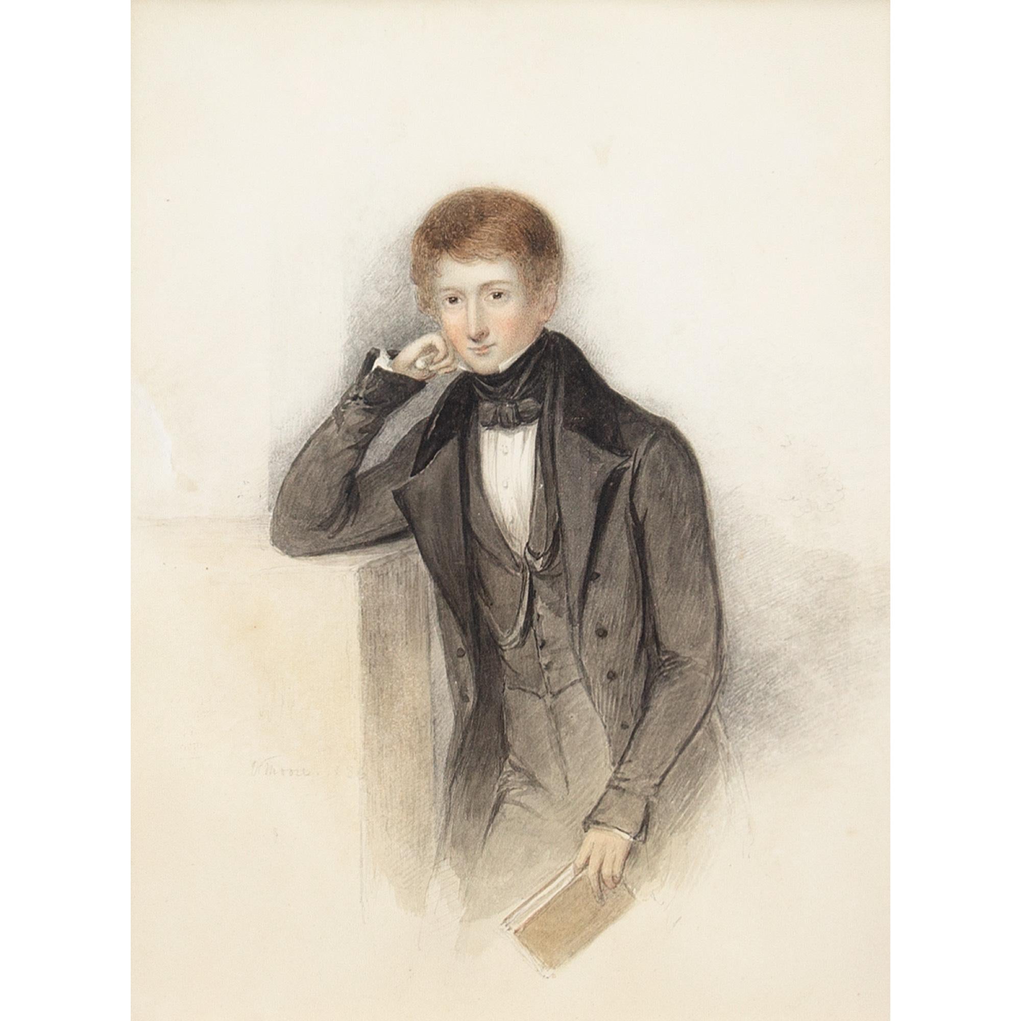 This fine portrait by British artist William Moore (1790-1851) depicts a young man holding a book. He’s wearing a white shirt, black necktie, waistcoat and unbuttoned frock coat.

During the 1830s, the frock coat tended to be worn for informal