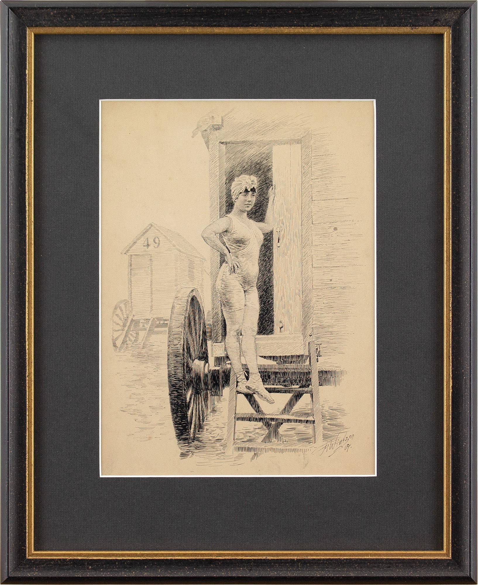 This early 20th-century drawing by German artist Richard Wintzer (1866-1952) depicts a lady standing before a bathing machine. It’s a risque portrayal given the date so it’s likely that it’s his wife, Alma.

She stands with one arm on a wooden door,