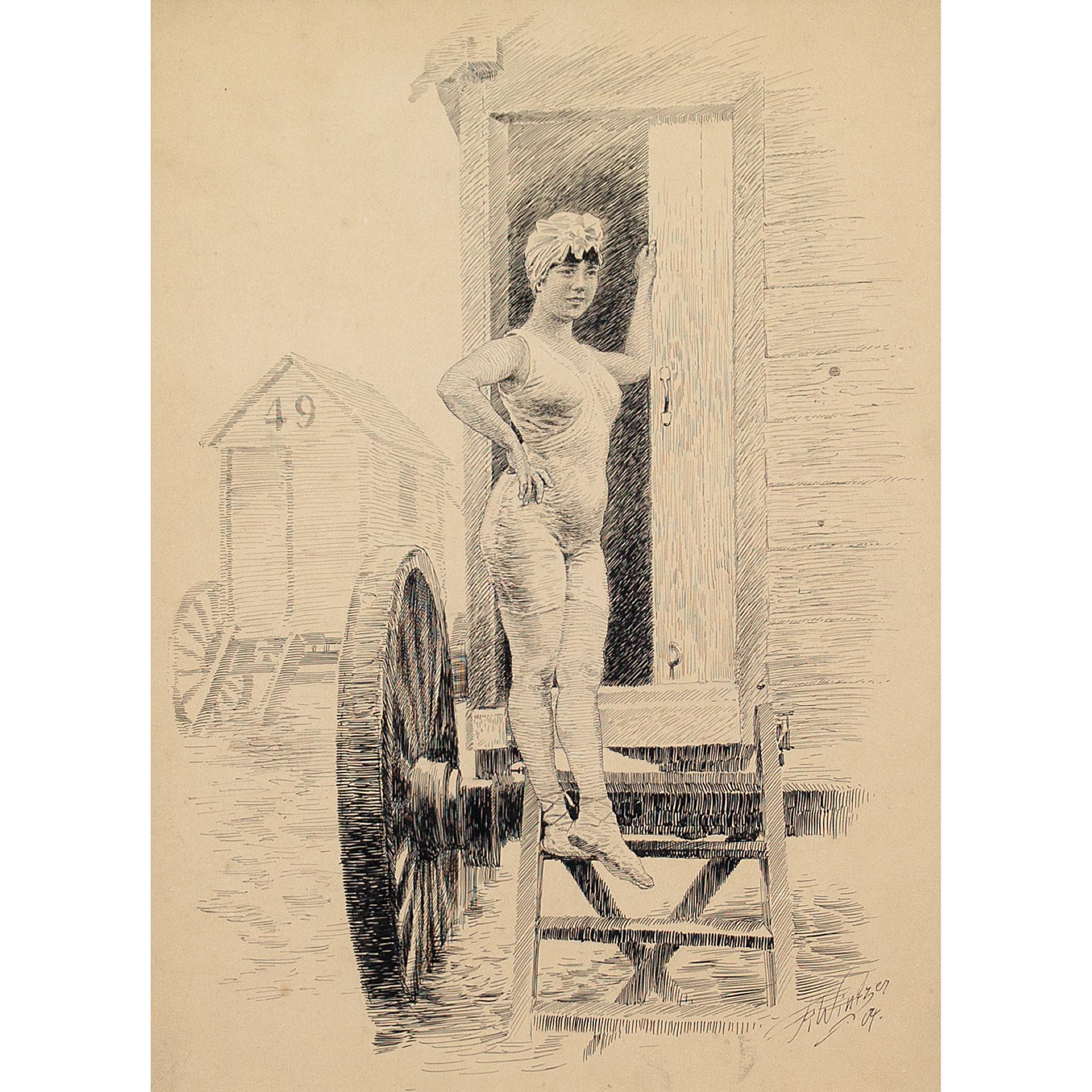Richard Wintzer, A Young Woman & Bathing Machine, Drawing For Sale 1