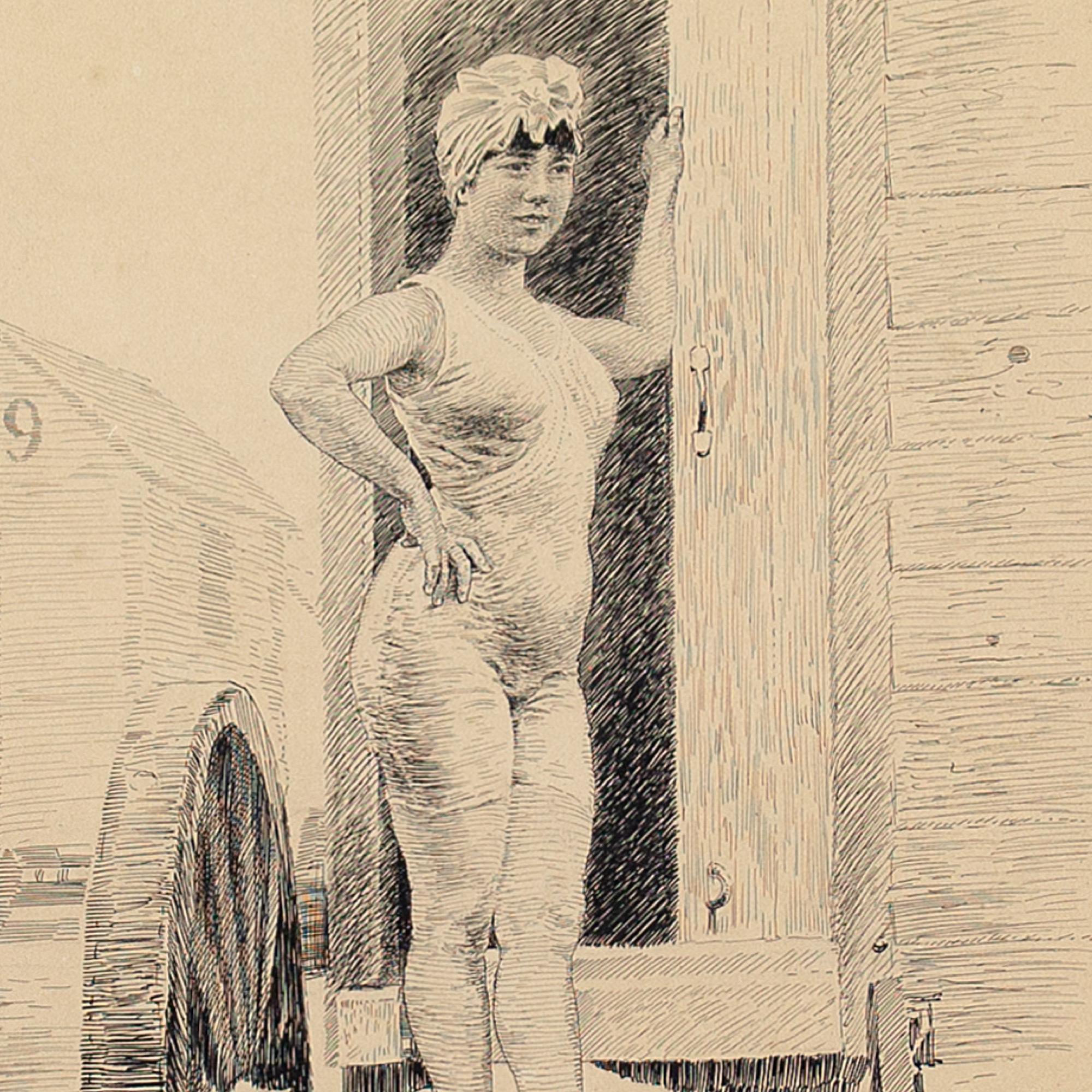 Richard Wintzer, A Young Woman & Bathing Machine, Drawing For Sale 4