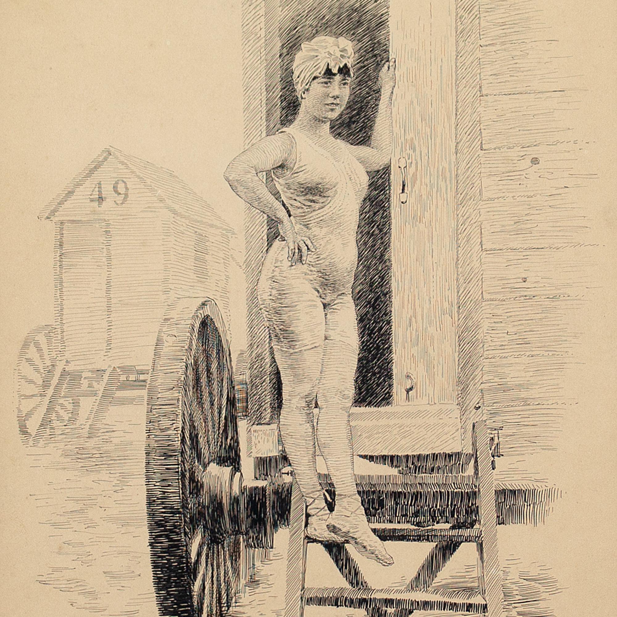Richard Wintzer, A Young Woman & Bathing Machine, Drawing For Sale 3
