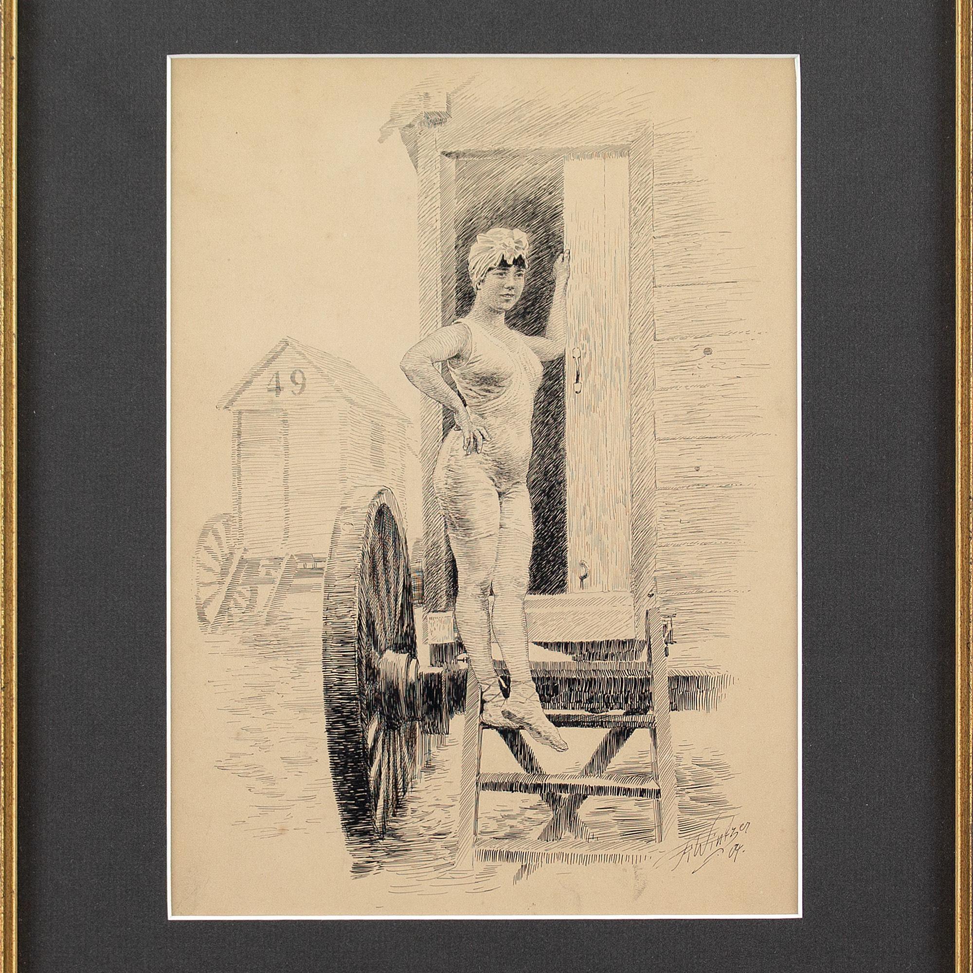Richard Wintzer, A Young Woman & Bathing Machine, Drawing For Sale 2