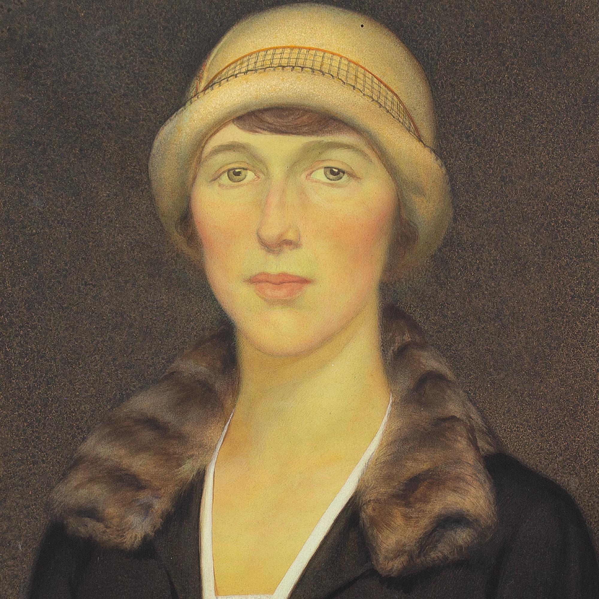 This stylish 1920s portrait by English artist Edward Ridley (1883-1946) depicts a woman wearing a hat and coat with a fur collar. It’s a fascinating piece produced during Ridley’s time as Headmaster of the Dress Department at the Central School of