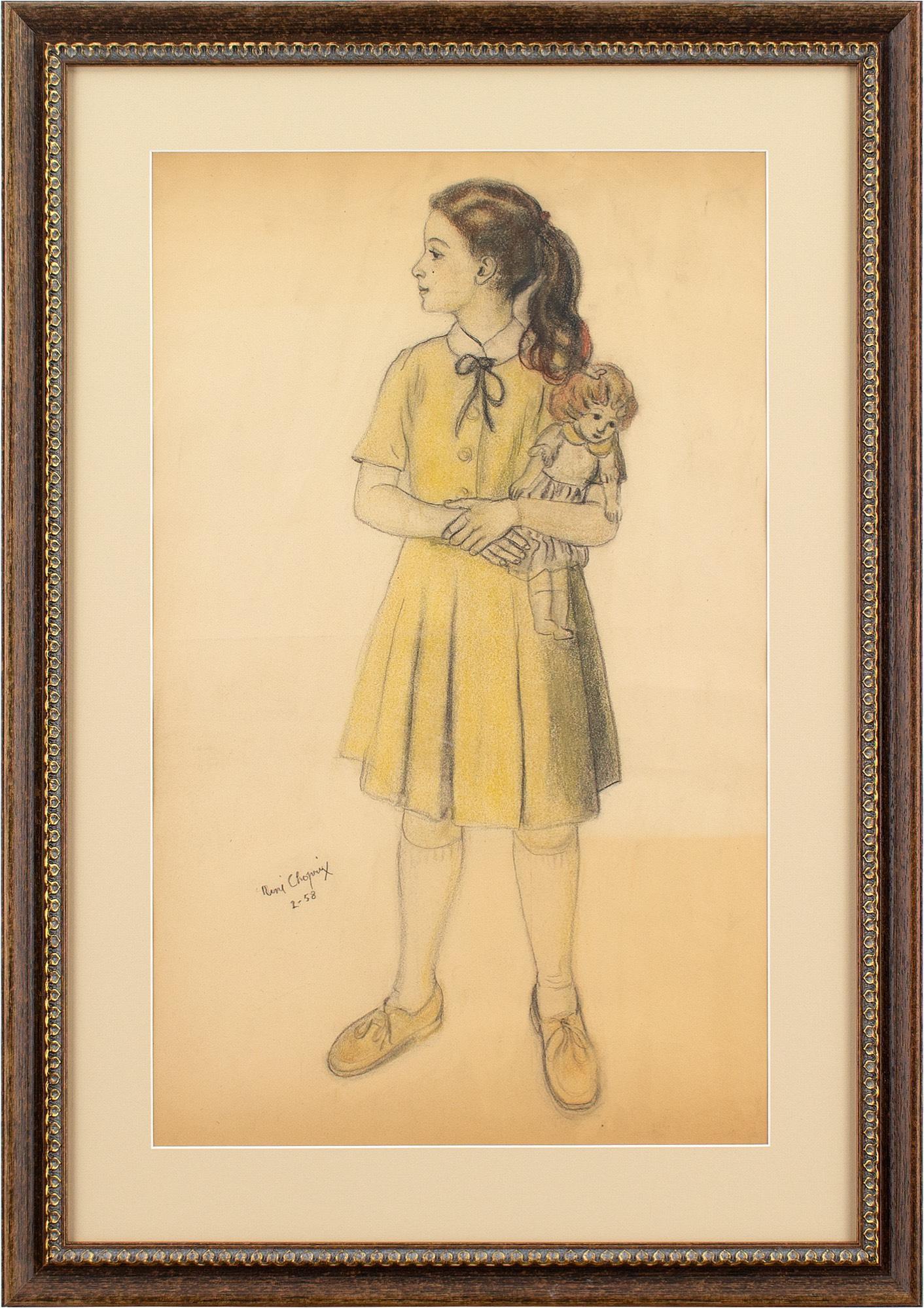 Rene Choprix Portrait – Louis Marie René Choprix, Mädchen mit Puppe, Pastell