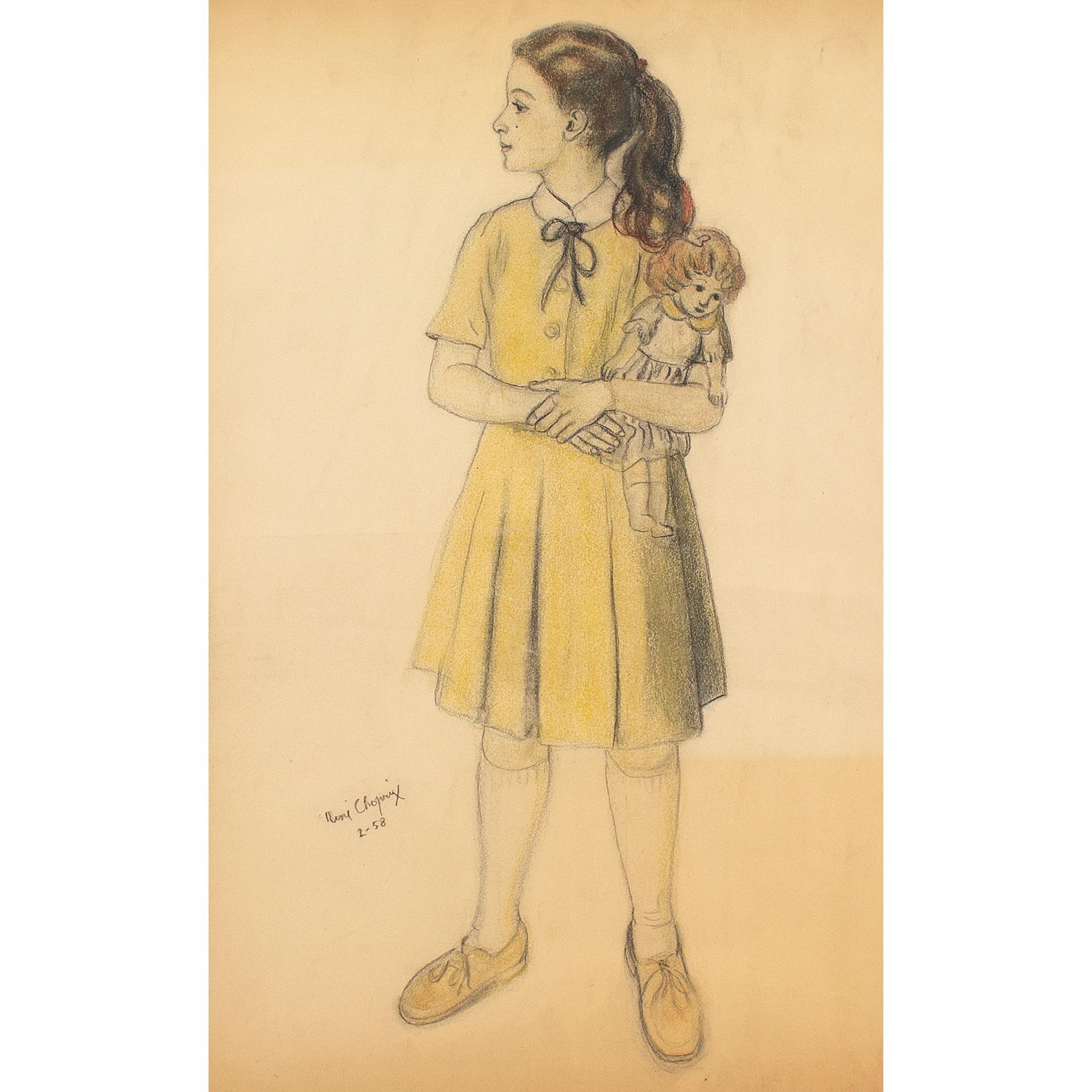 Louis Marie René Choprix, Mädchen mit Puppe, Pastell – Art von Rene Choprix