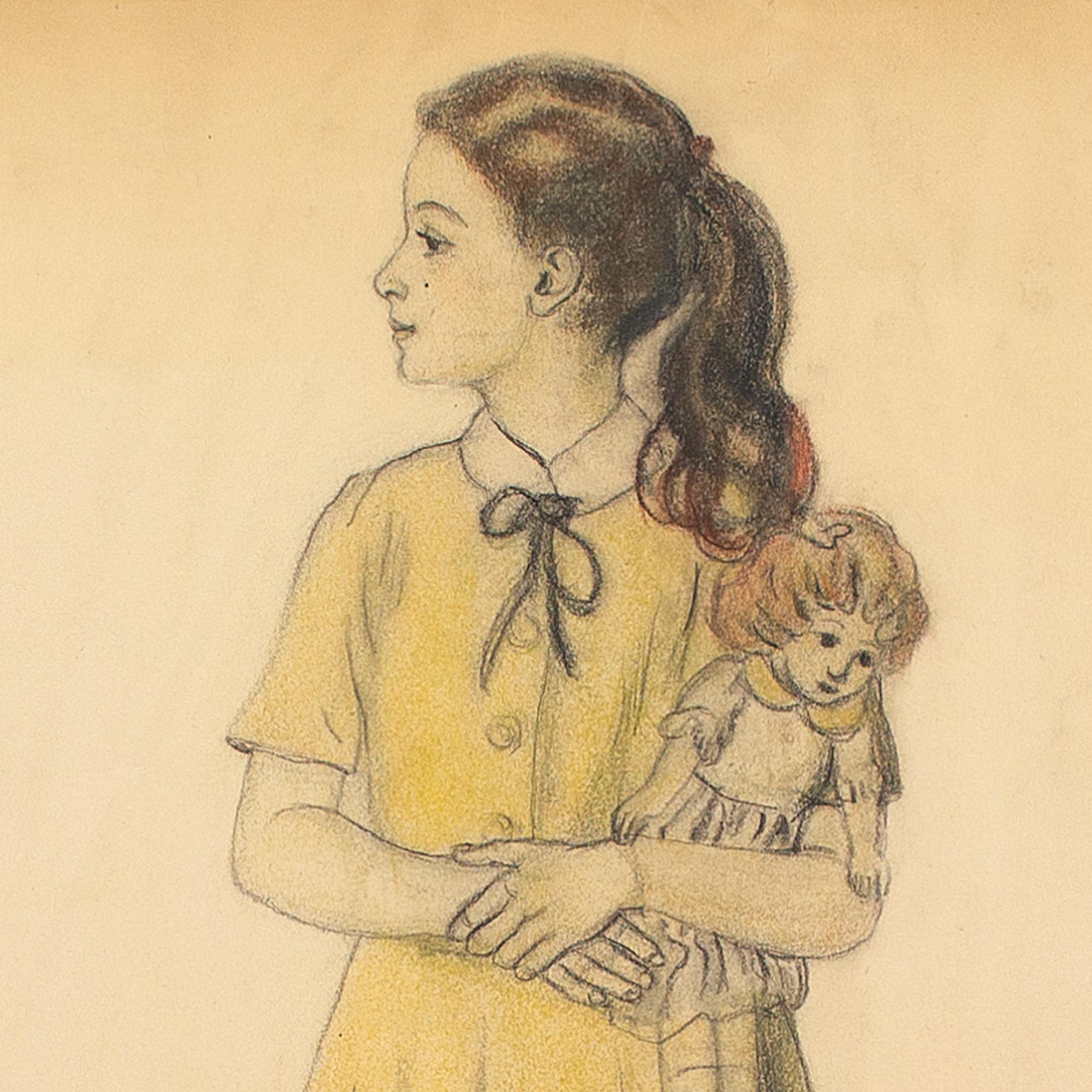 Louis Marie René Choprix, Mädchen mit Puppe, Pastell im Angebot 2