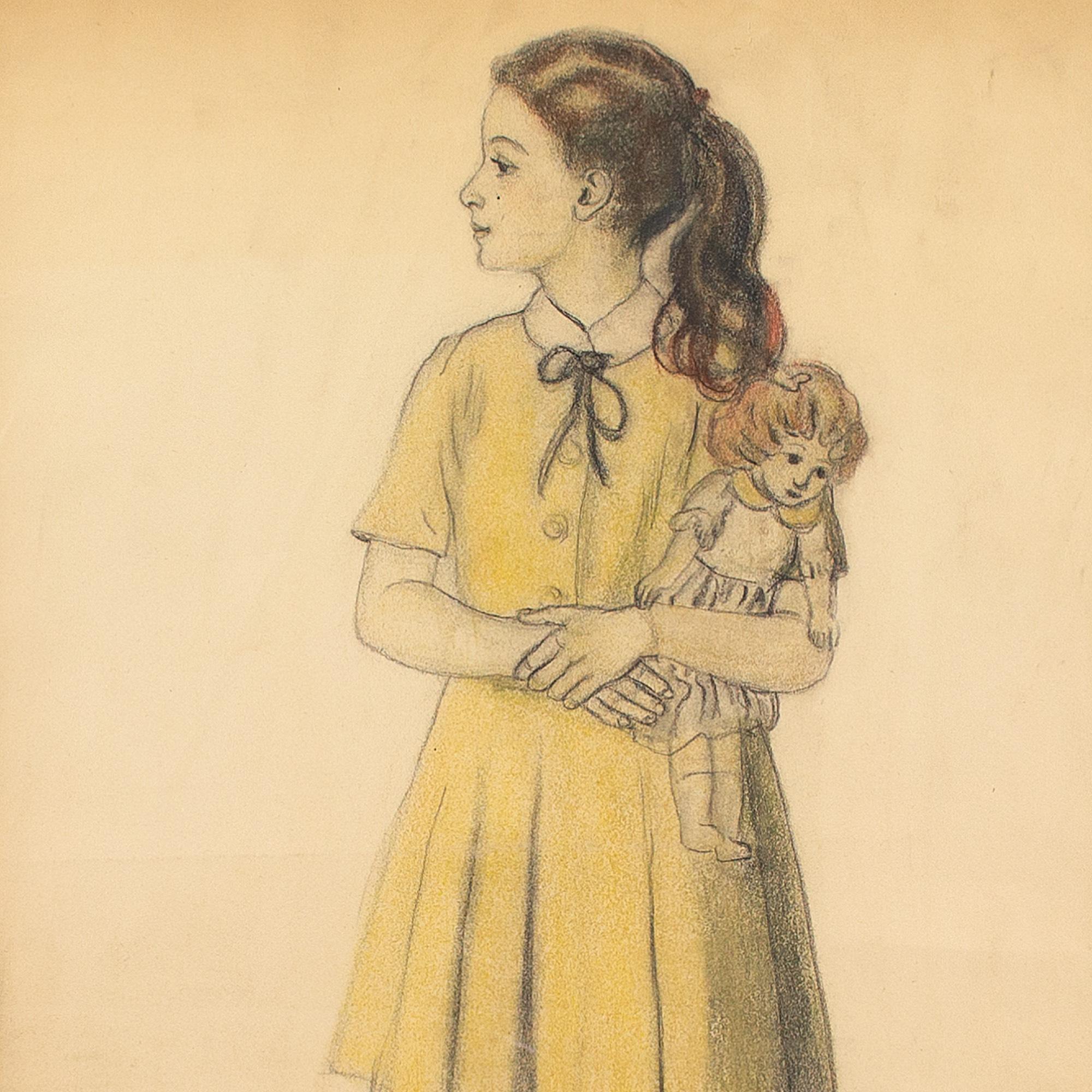 Dieses charmante Porträt des belgischen Künstlers René Choprix (1888-1972) aus der Mitte des 20. Jahrhunderts zeigt ein Mädchen mit einer Puppe. Es ist eine einfühlsame Darstellung und es ist wahrscheinlich seine Enkelin.

Choprix ist vor allem für