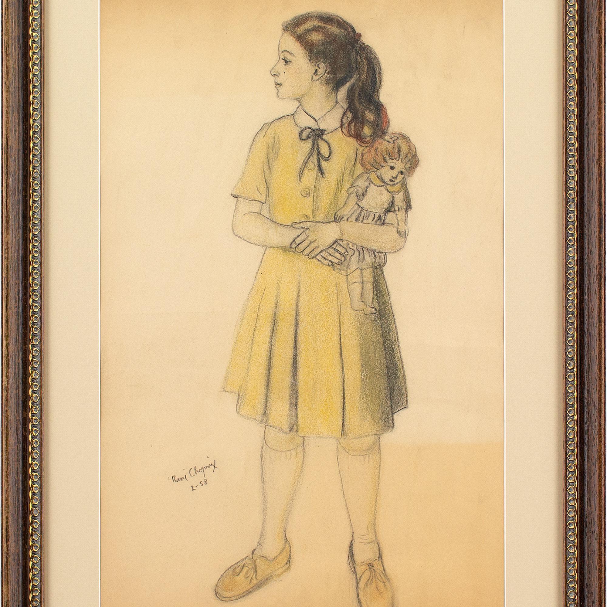 Louis Marie René Choprix, Fille avec poupée, Pastel - Académique Art par Rene Choprix