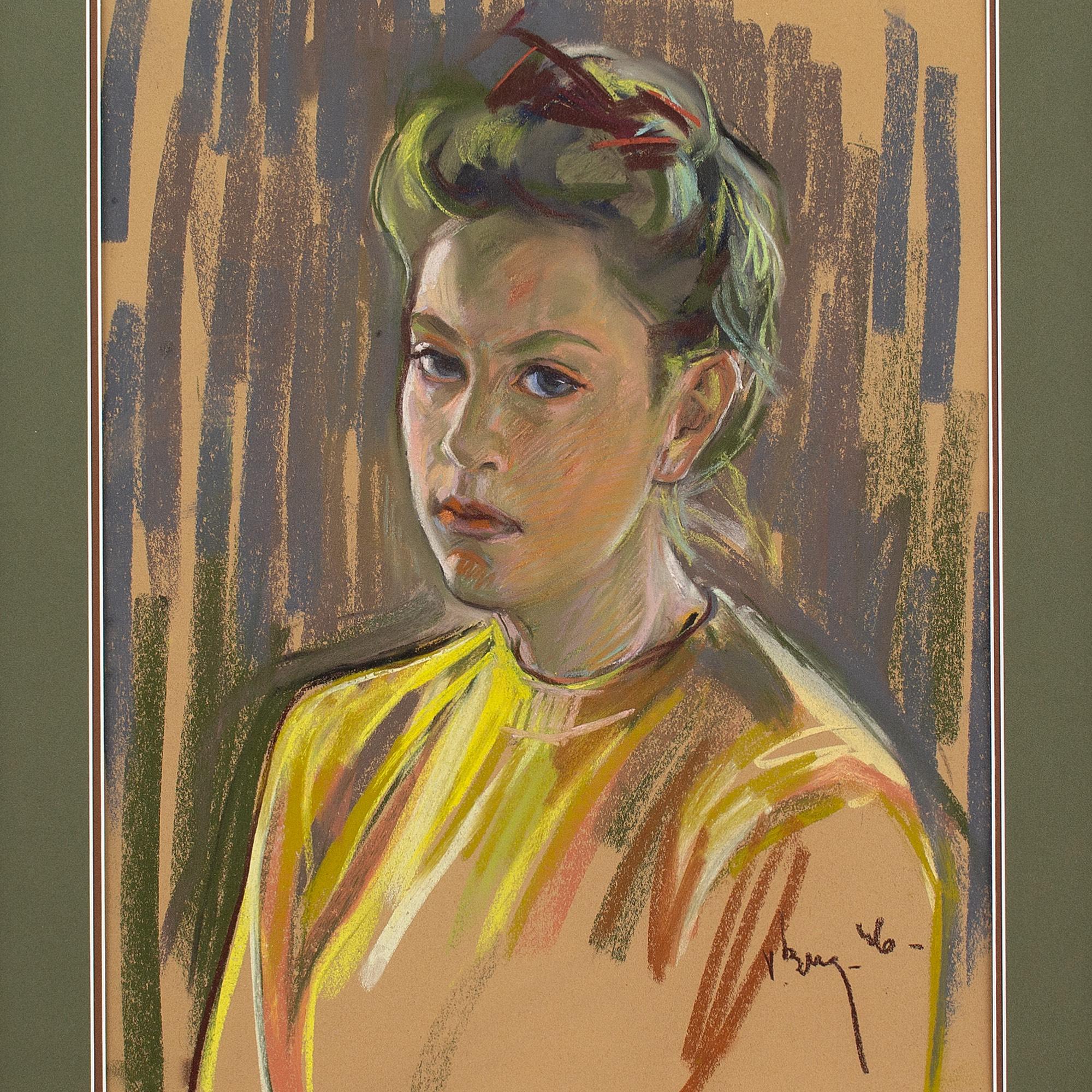 This mid-20th-century portrait depicts a young woman with an orange top. She sits, partially turned, her image captured with strong lines and confidence marks.

The work is signed, maybe V Berg, in the lower right but we’ve been unable to track down