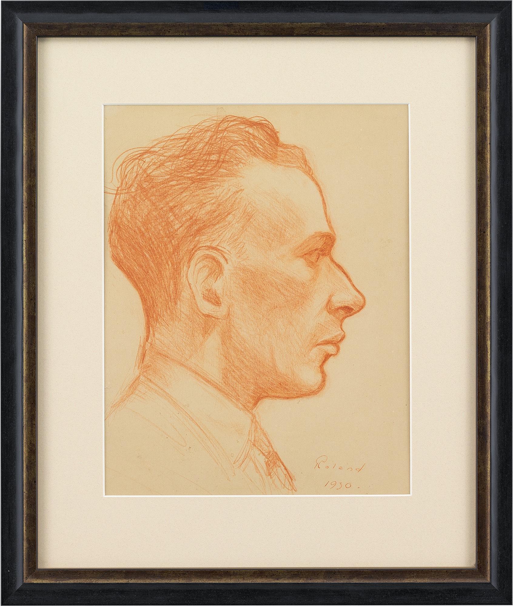 It’s an enigmatic expression, his face in repose with eyes alive and focused. A bold outline describes a striking profile - a strong portrayal in red chalk.

This skilful portrait study by Swedish artist, Roland Svenssen (1910-2003) was created in