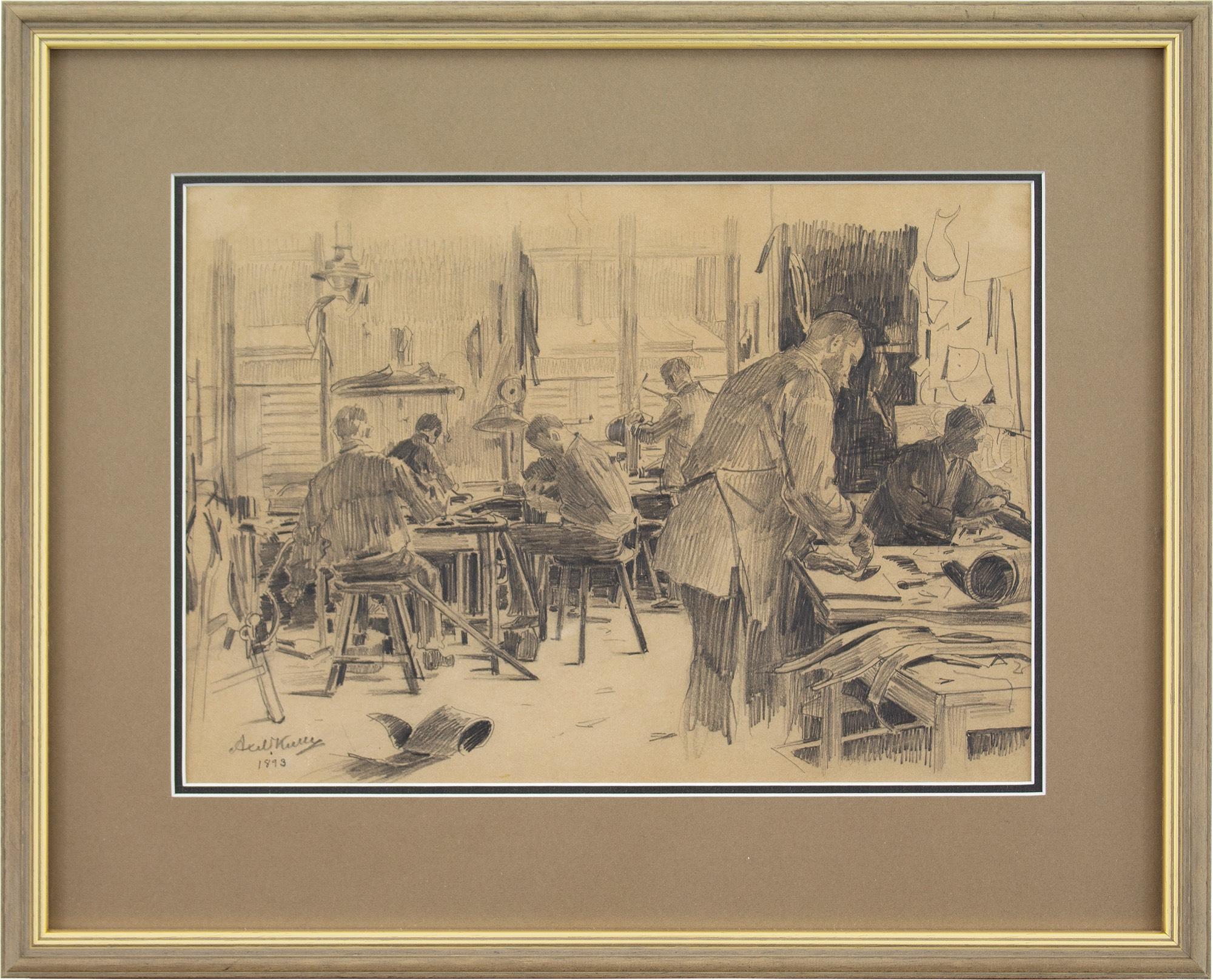 Cet intéressant dessin de la fin du XIXe siècle, réalisé par l'artiste suédois Axel Kulle (1846-1908), représente six hommes dans une tannerie de cuir. Ils sont absorbés par leur travail, chacun la tête basse.

Il est inhabituel de trouver des