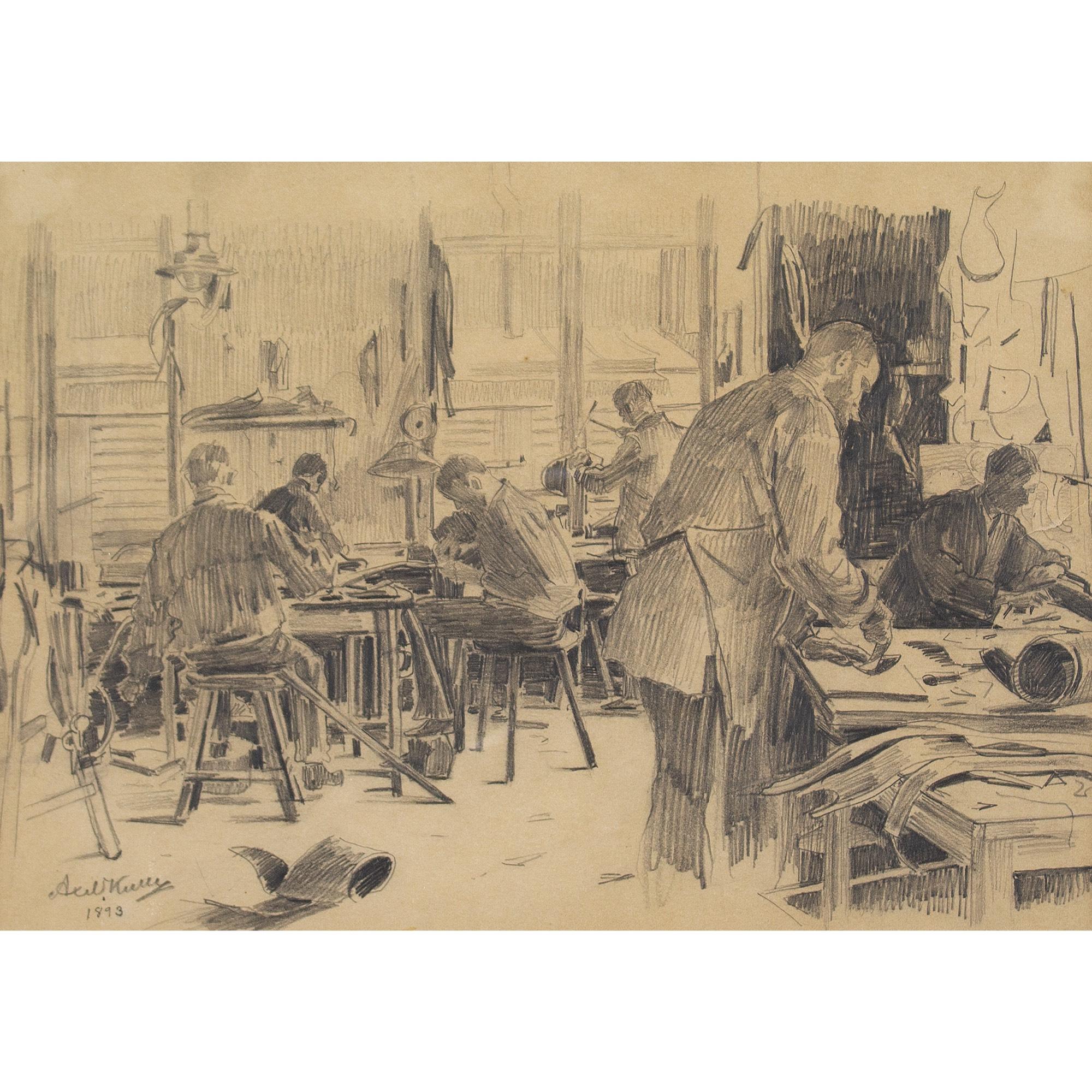 This interesting late 19th-century drawing by Swedish artist, Axel Kulle (1846-1908) depicts six men at a leather tannery. They’re absorbed in their work, each with their head down.

It’s unusual to find scenes of this nature and quite fascinating