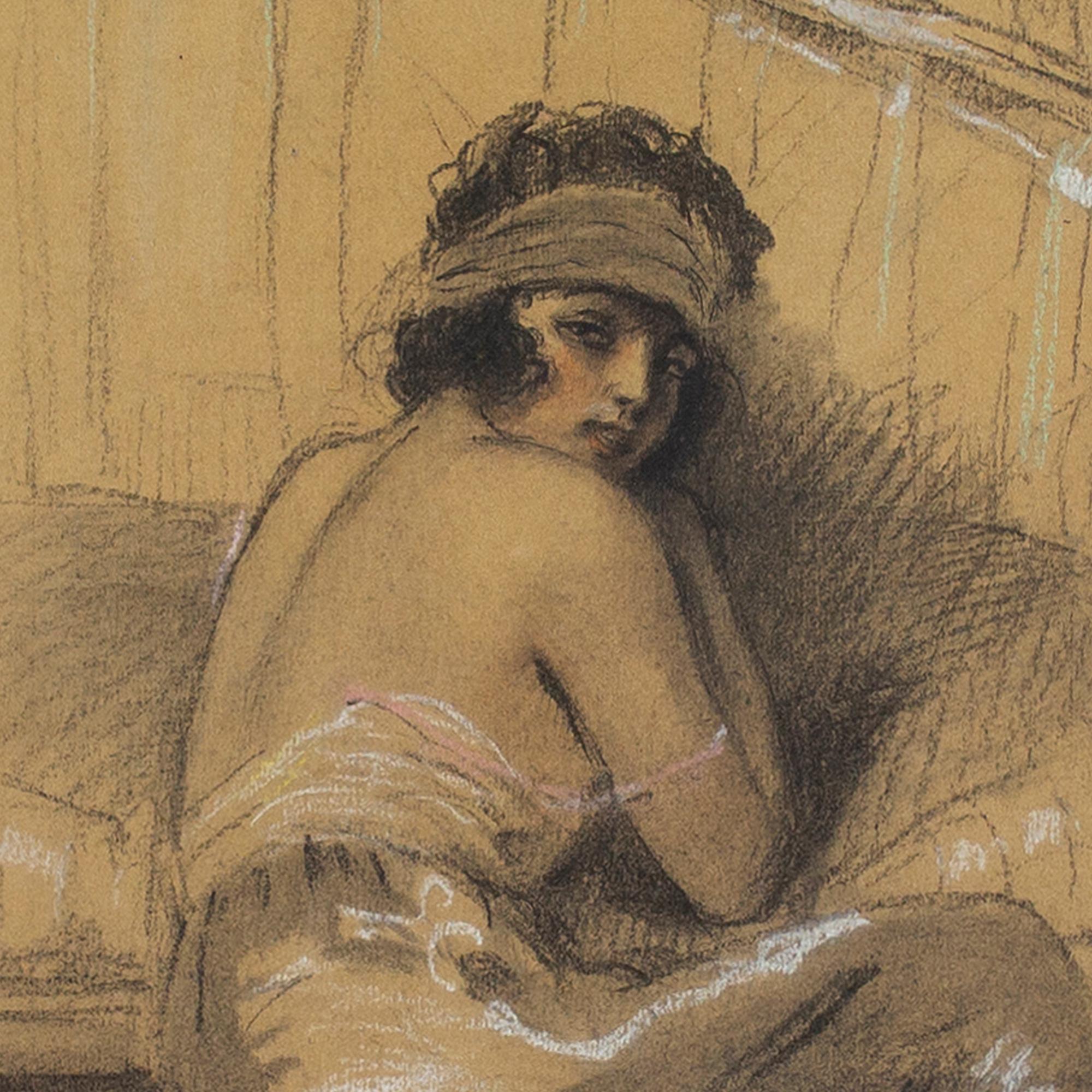 This evocative early 20th-century scene by French artist William Albert Ablett (1877-1937) depicts a lady sitting on a footstool while draped over a sofa. Her head is partially turned as she looks towards us.

Ablett was a master of ‘boudoir scenes’