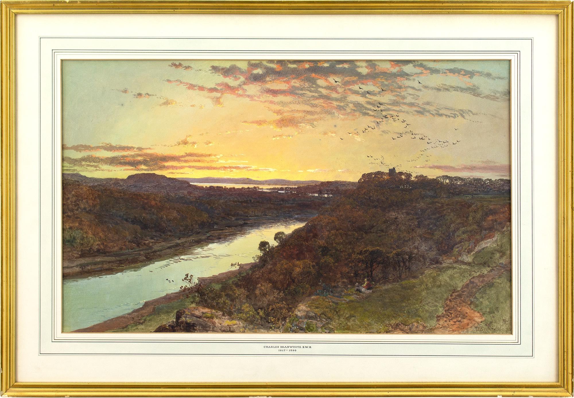 CHARLES BRANWHITE Landscape Art - Charles Branwhite, River Landscape With Sunset, Watercolour
