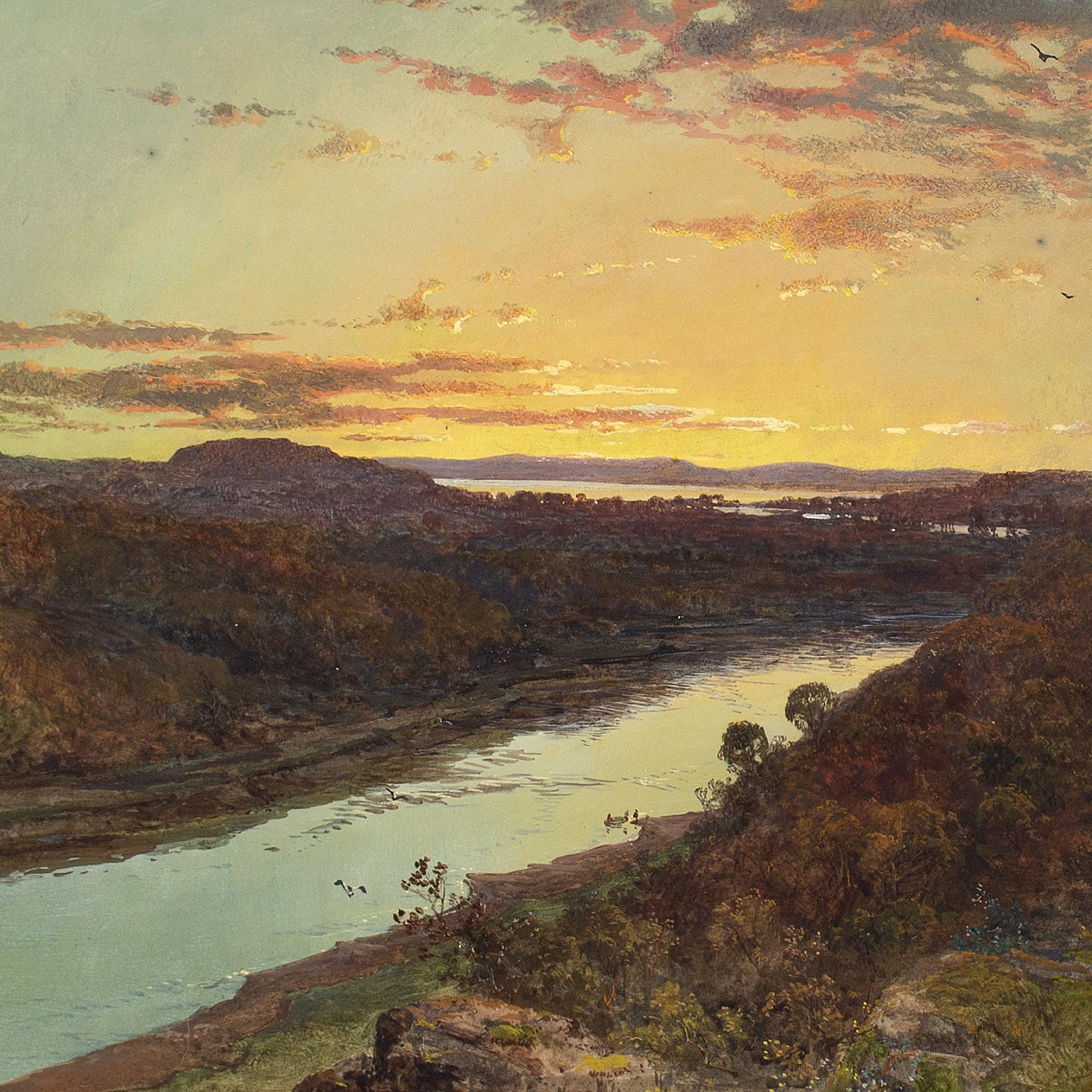 Charles Branwhite, River Landscape With Sunset, Watercolour - English School Art by CHARLES BRANWHITE