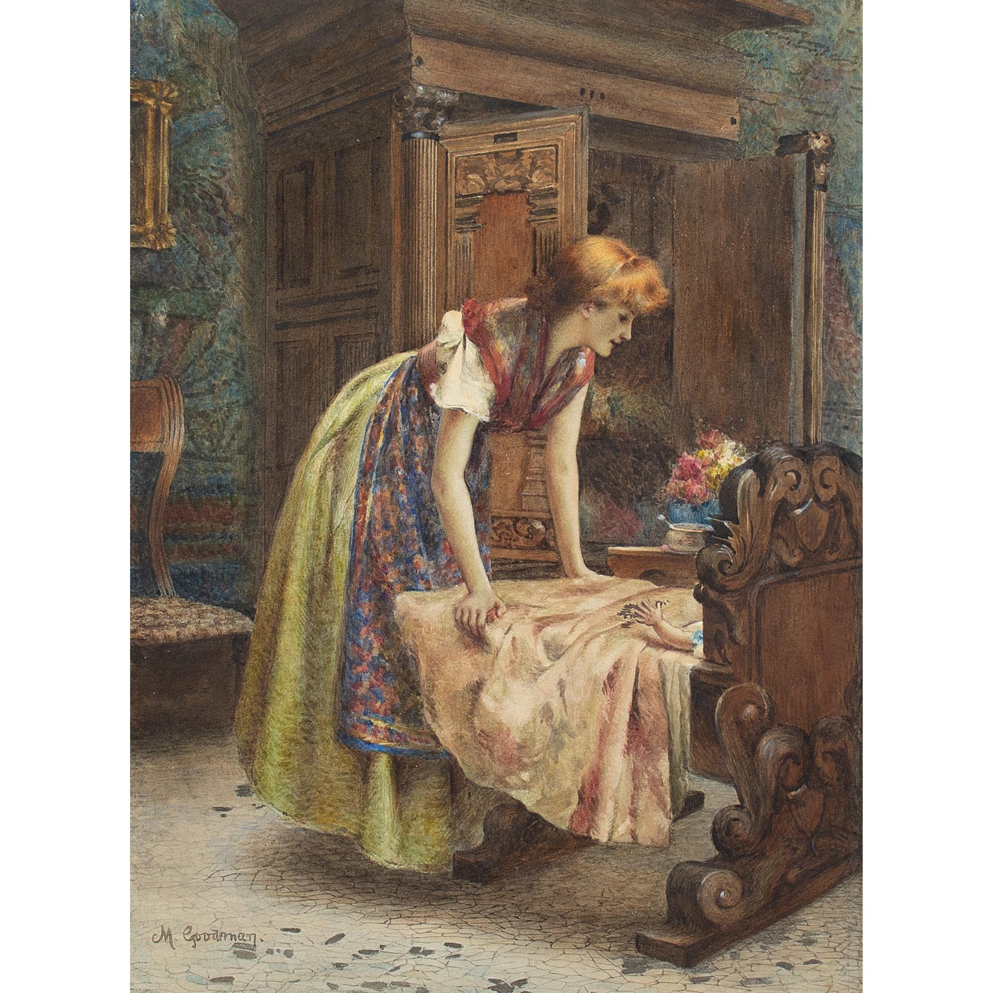 This beautiful late 19th-century genre scene by British artist Maude Goodman (c. 1860-1938) depicts a young mother leaning over a crib. It’s titled ‘You Darling!’, and captures the deep affection between parent and child. Goodman was particularly