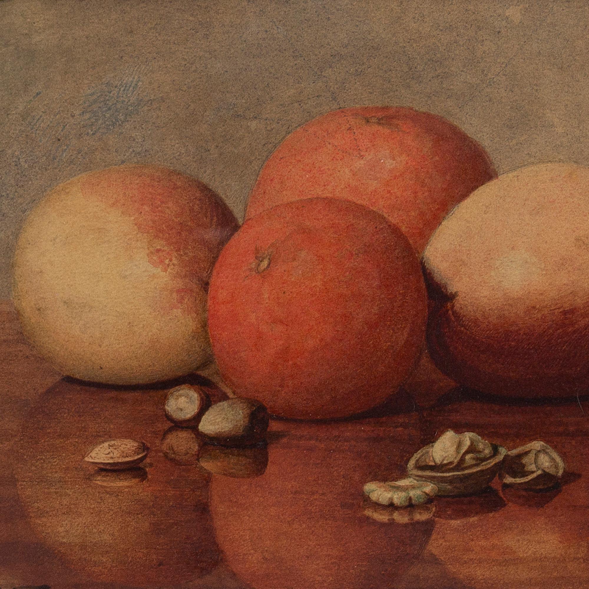 This stylish late 19th-century still life by W Erich Taefflinger depicts an arrangement of oranges, apples and nuts. It’s a refined work with an emphasis on form and reflection.

The artwork is housed within an early 20th-century frame, which