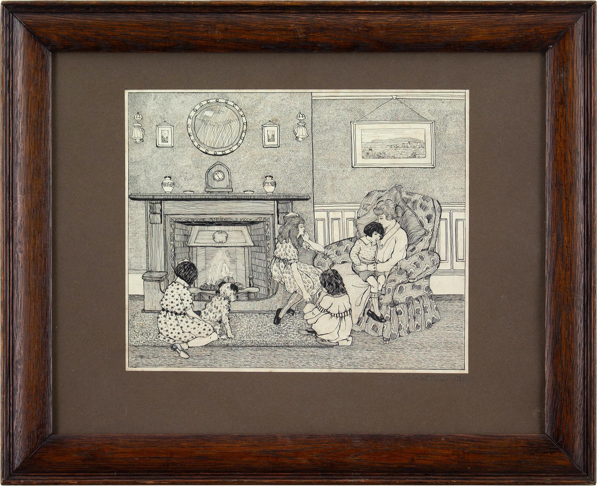 Phyllis Mary Antrobus, Lounge Interior With Family, Drawing