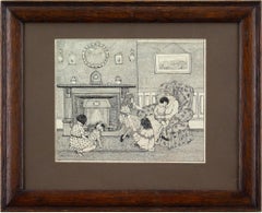 Antique Phyllis Mary Antrobus, Lounge Interior With Family, Drawing