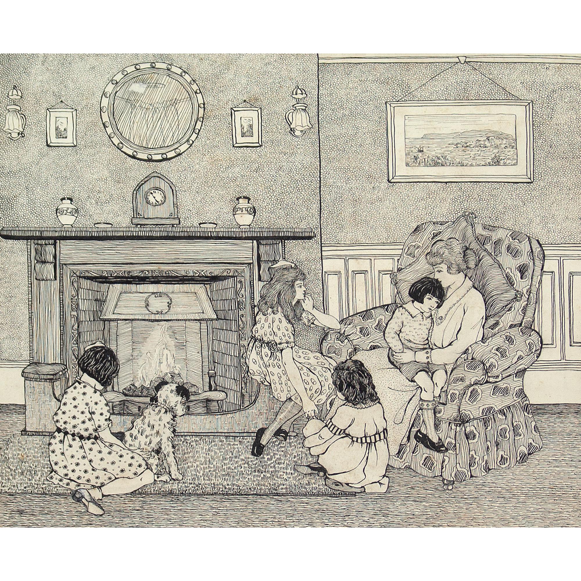 Phyllis Mary Antrobus, intérieur de salon avec famille, dessin en vente 1