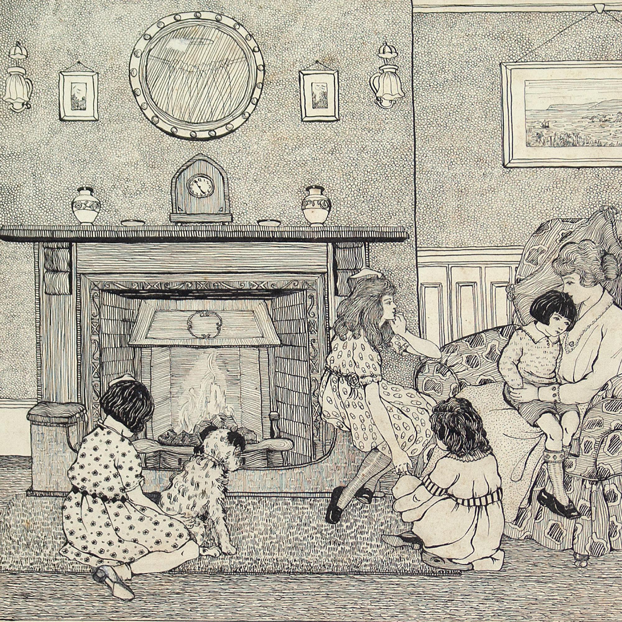 Phyllis Mary Antrobus, Lounge Interior With Family, Drawing For Sale 2