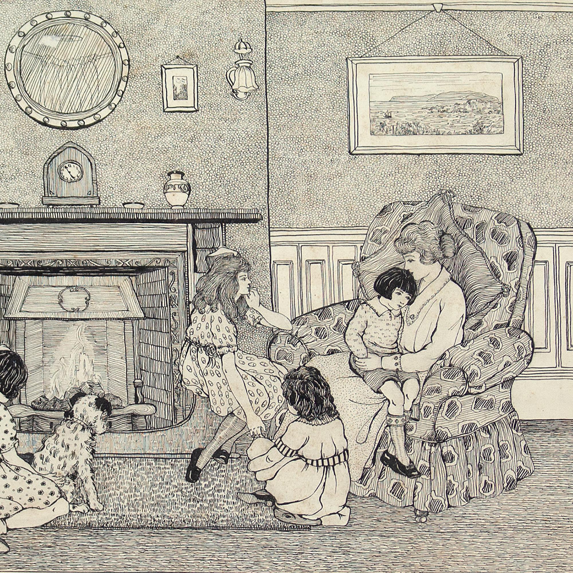 Phyllis Mary Antrobus, Lounge Interior With Family, Drawing For Sale 3