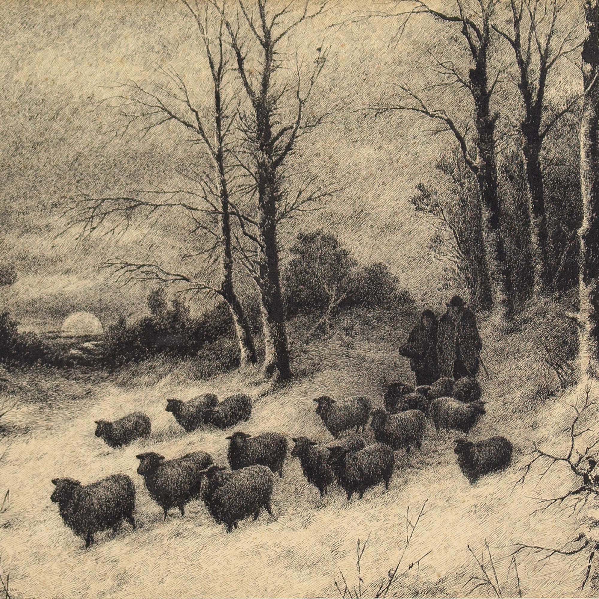 This fine turn-of-the-century drawing depicts a shepherd and his wife following a flock of sheep through a wooded area thick with snow. It’s exquisitely rendered in minute dashes and crosshatching.

One of the masters of this genre was Scottish