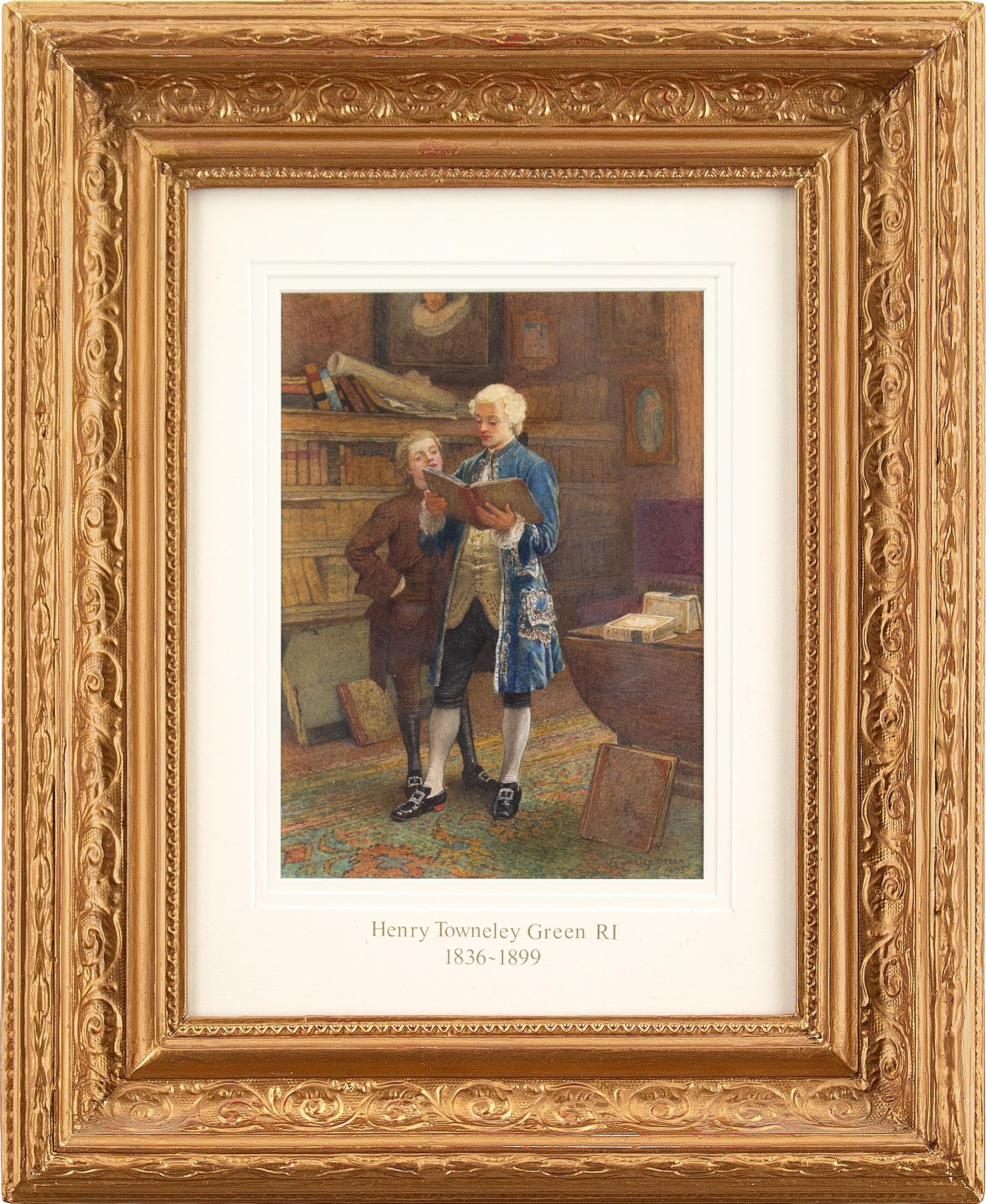 Cette aquarelle de l'artiste anglais Henry Towneley Green (1836-1899), datant de la fin du XIXe siècle, représente deux gentlemen élégamment vêtus, plongés dans un livre fascinant, dans un bureau. Les tenues datent d'environ 1780 et les chaussures