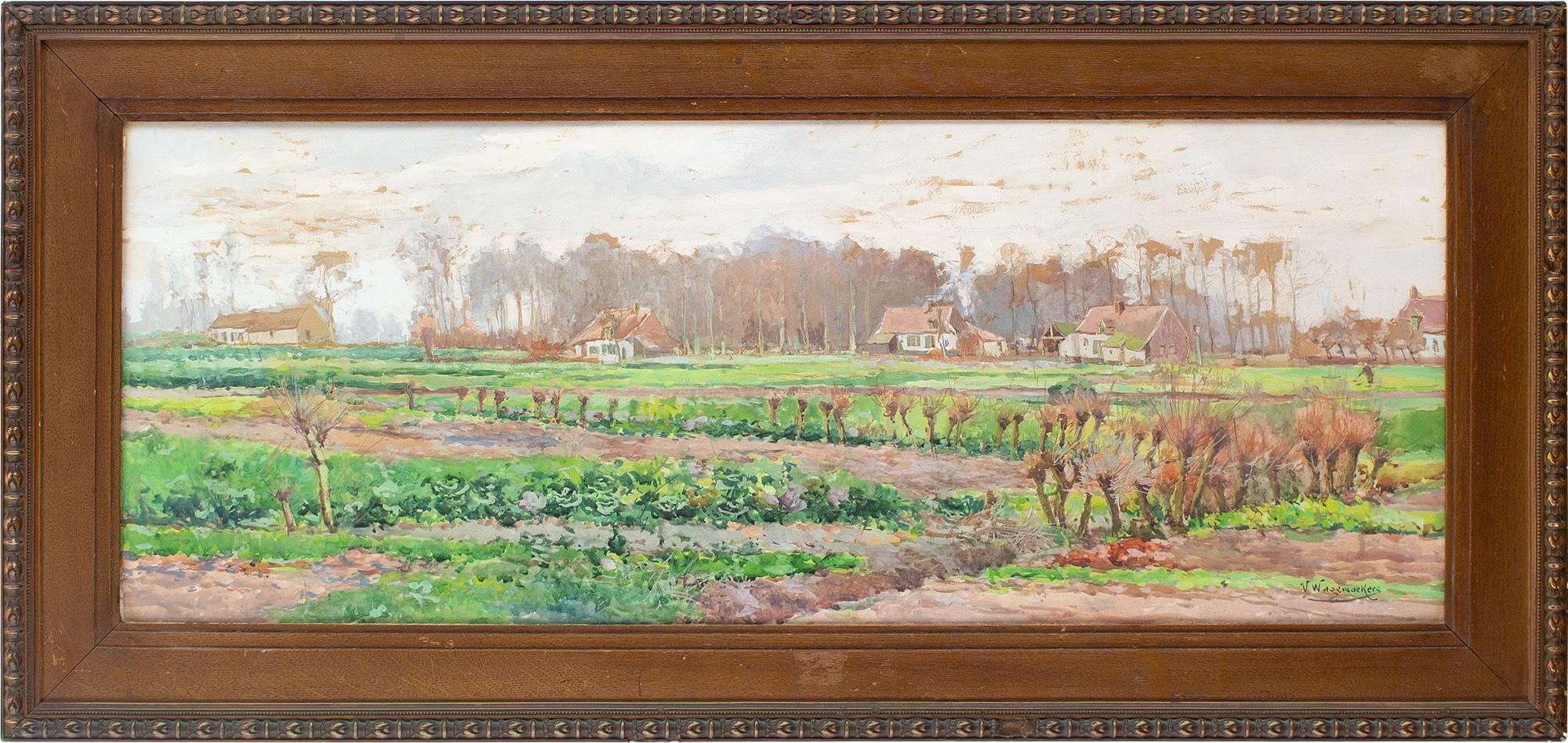 Dieses Aquarell des belgischen Künstlers Victor Wagemaekers (1876-1953) aus dem frühen 20. Jahrhundert zeigt einen Blick über ein offenes Feld auf mehrere Bauernhäuser. Es ist ein vollendetes naturalistisches Werk.

Hier sehen wir das