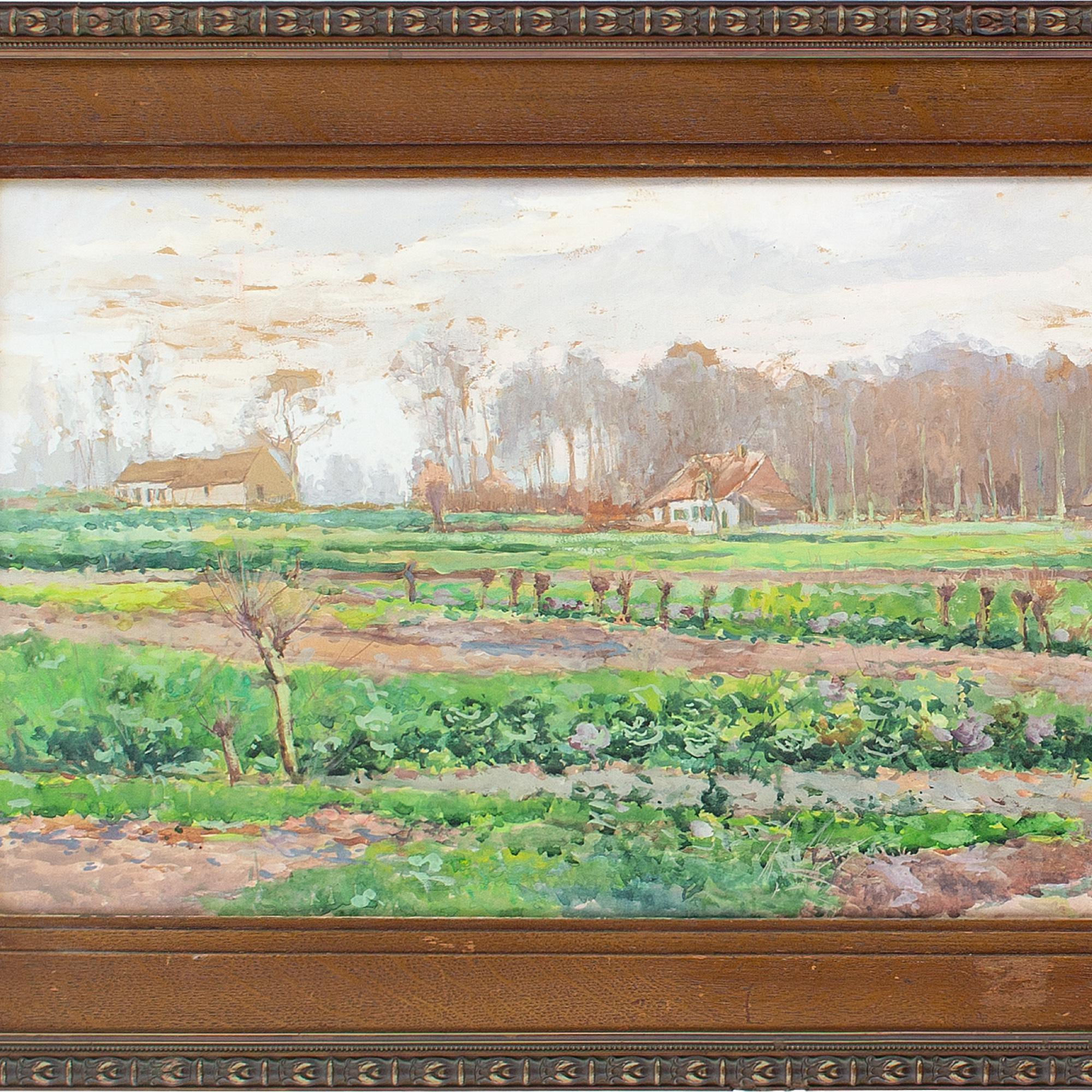 This early 20th-century watercolour by Belgian artist Victor Wagemaekers (1876-1953) depicts a view across an open field towards several cottages. It’s an accomplished naturalistic work.

Here we see the characteristically flat farmland of the low
