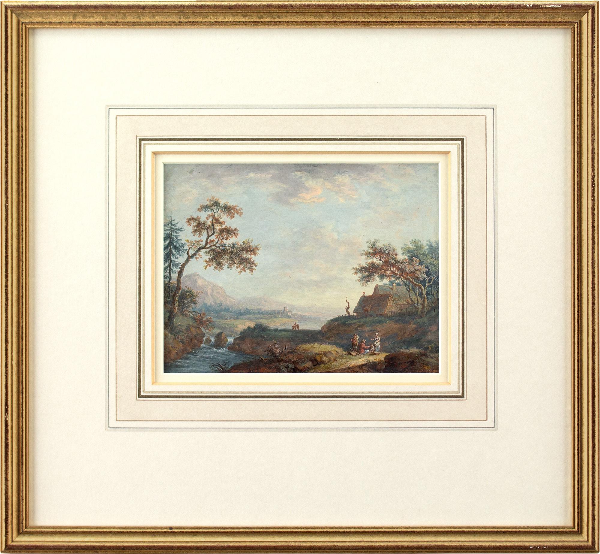Diese Gouache des britischen Künstlers John Inigo Richards RA (1731-1810) aus dem späten 18. Jahrhundert zeigt eine malerische Landschaft mit Weg, Figuren und entfernten Häusern.

Inigo Richards suchte inmitten der lärmenden Dramatik der Londoner