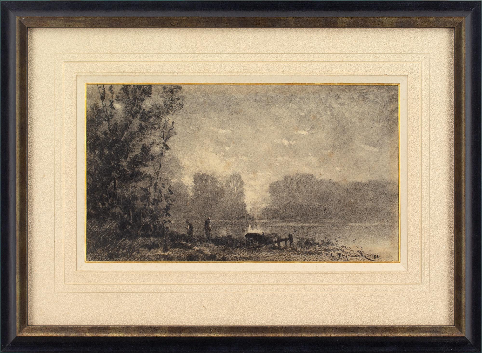 This early 20th-century charcoal drawing by Swiss artist Frank Charles Peyraud (1858-1948) depicts a river landscape with boatmen.

As a young man training in Paris, Peyraud sought to convey feeling by capturing nature in its various moods. “While I