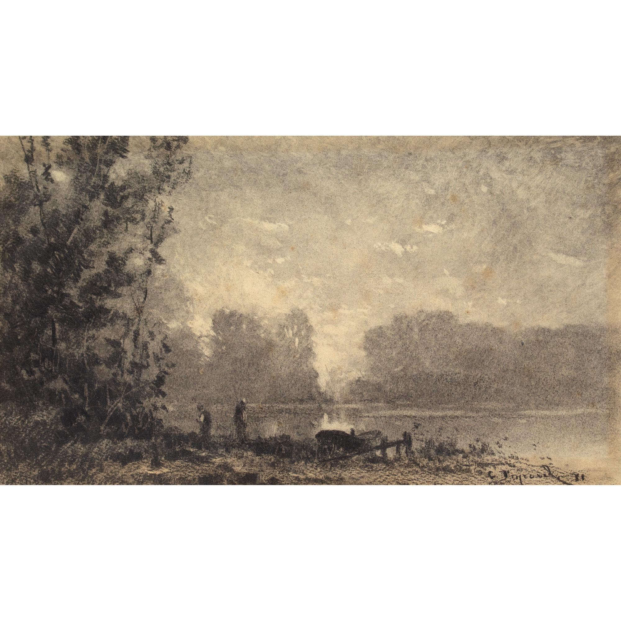 Frank Charles Peyraud River Landscape With Boatmen, Drawing For Sale 1