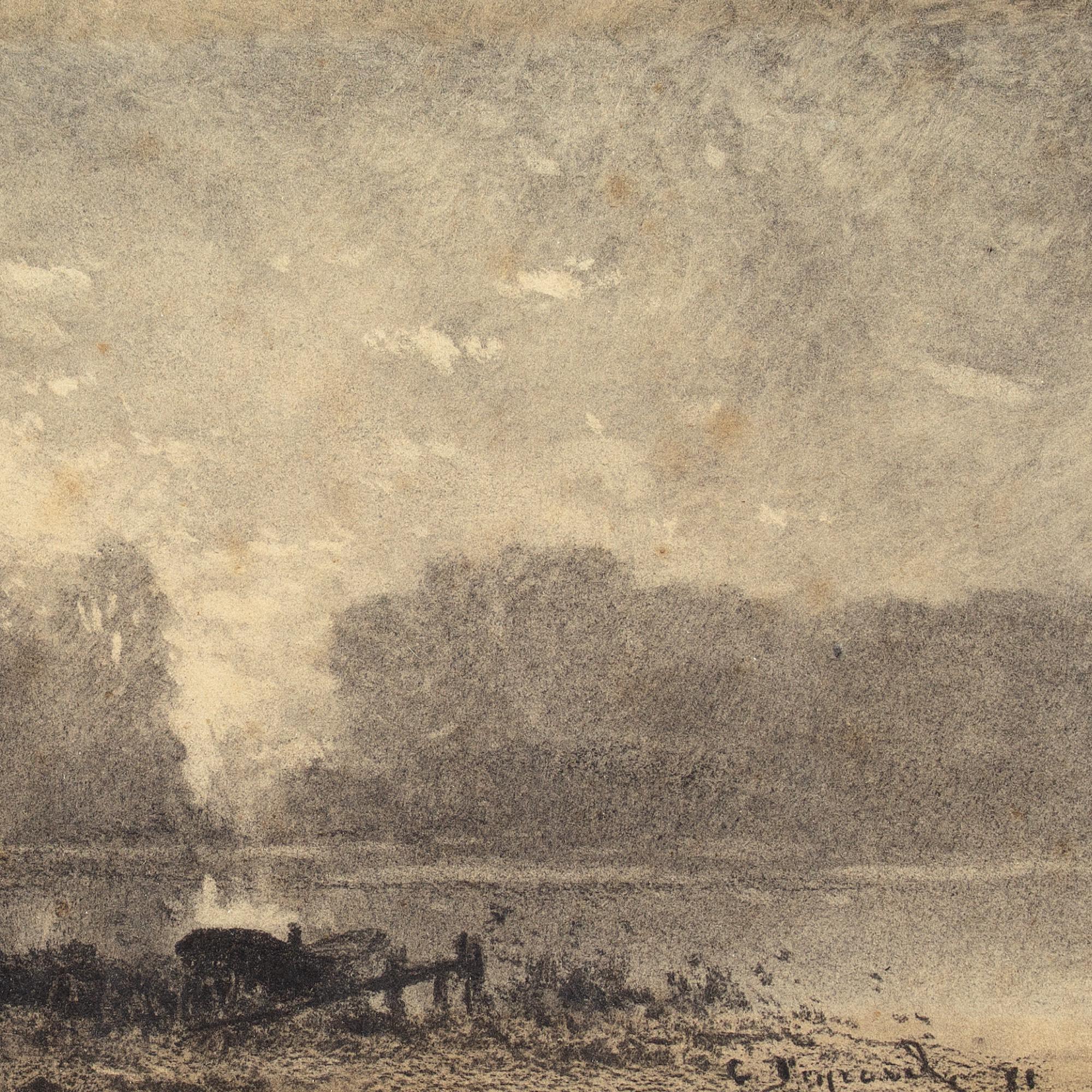Frank Charles Peyraud River Landscape With Boatmen, Drawing For Sale 4