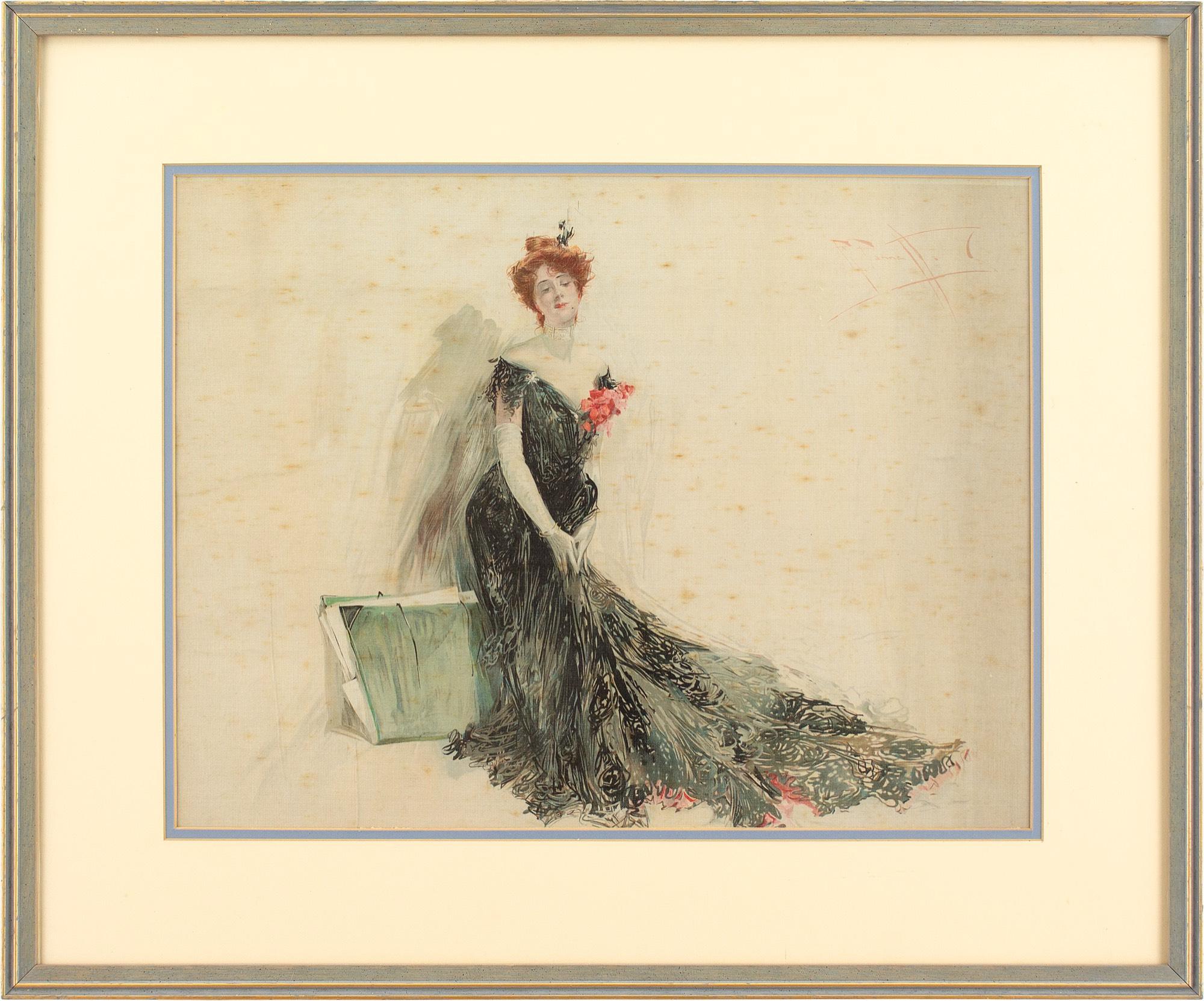 Dieses Aquarell und Gouache des britischen Künstlers Reginald Pannett (1875-1924) aus dem frühen 20. Jahrhundert zeigt eine edwardianische Dame in einem prächtigen schwarzen Kleid und weißen Handschuhen.

Pannett tauchte von klein auf in die