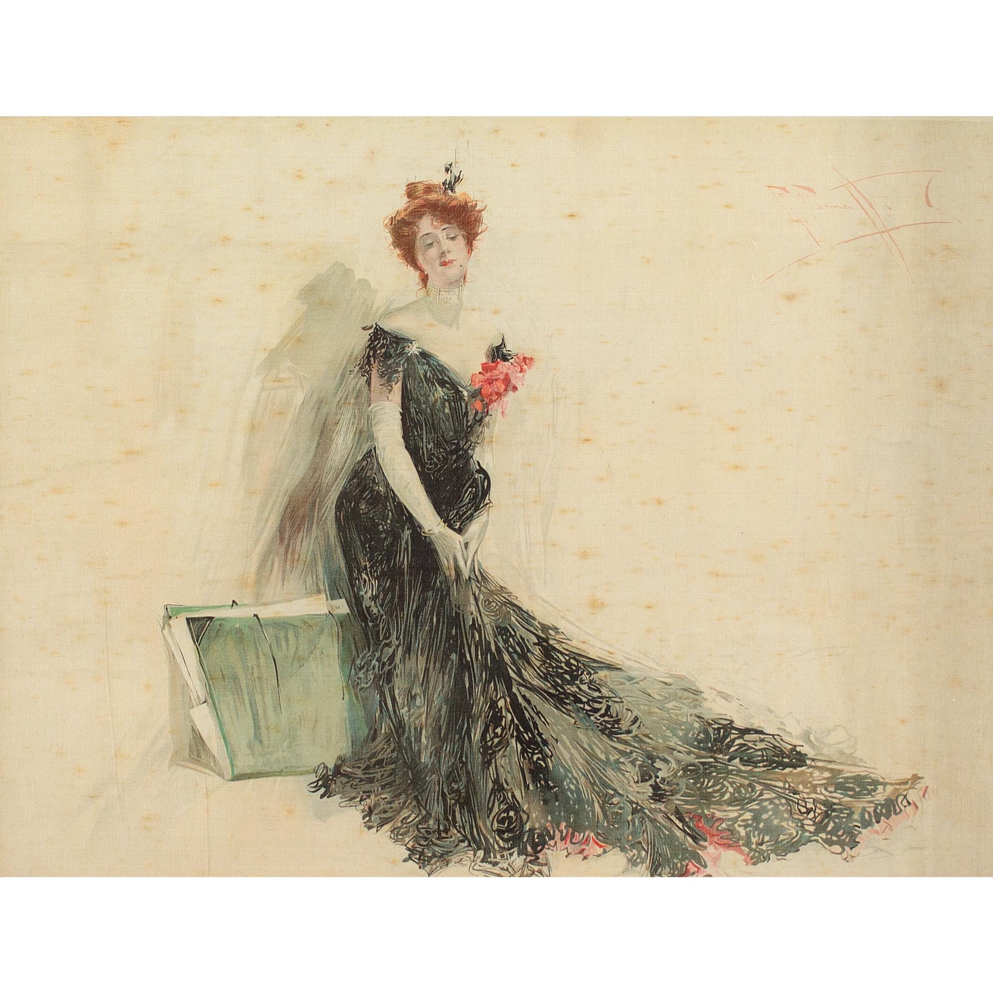 This early 20th-century watercolour and gouache by British artist Reginald Pannett (1875-1924) depicts an Edwardian lady in a sumptuous black dress and white gloves.

Pannett was immersed in the heady world of theatre from an early age as his