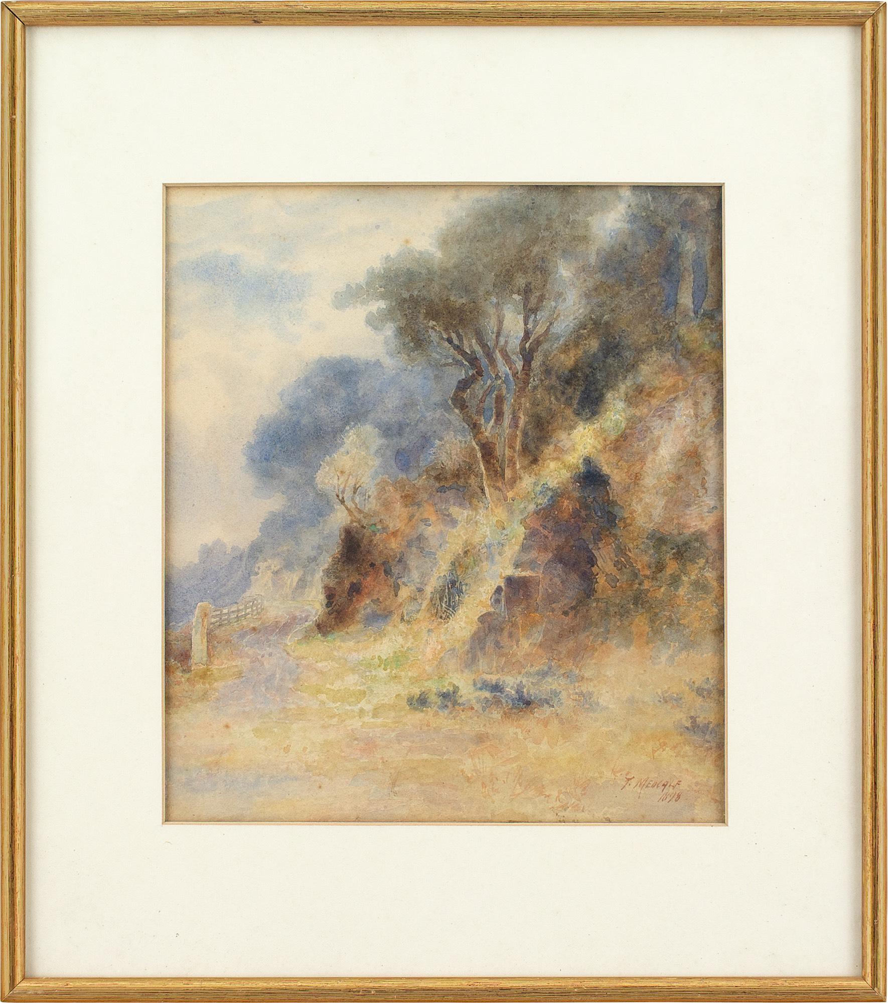 This late 19th-century watercolour by British artist Thomas Medcalf (1848-1901) depicts a rugged landscape with track.

Ascending beyond view, the mountainous terrain is punctuated by spindly trees as the flora climbs over a craggy facade. While the