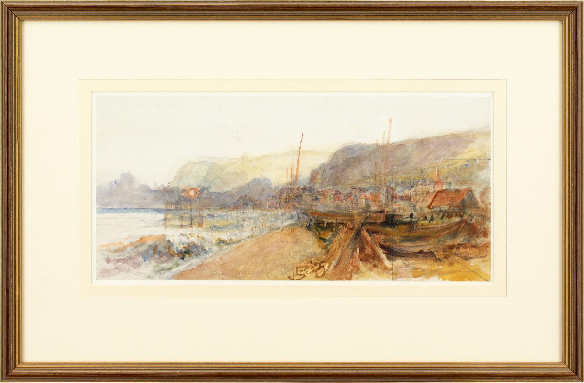 This early 20th-century watercolour by English artist Henry Robertson (1848-1930) depicts the beach at Hastings.

Nets sprawl from a dormant fishing boat before dapples of beachfront buildings. The misty tints of cliffs punctuated by masts.