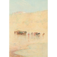 Hector Caffieri RBA RI ROI, Boulogne With Fisherfolk Hauling A Beached Boat