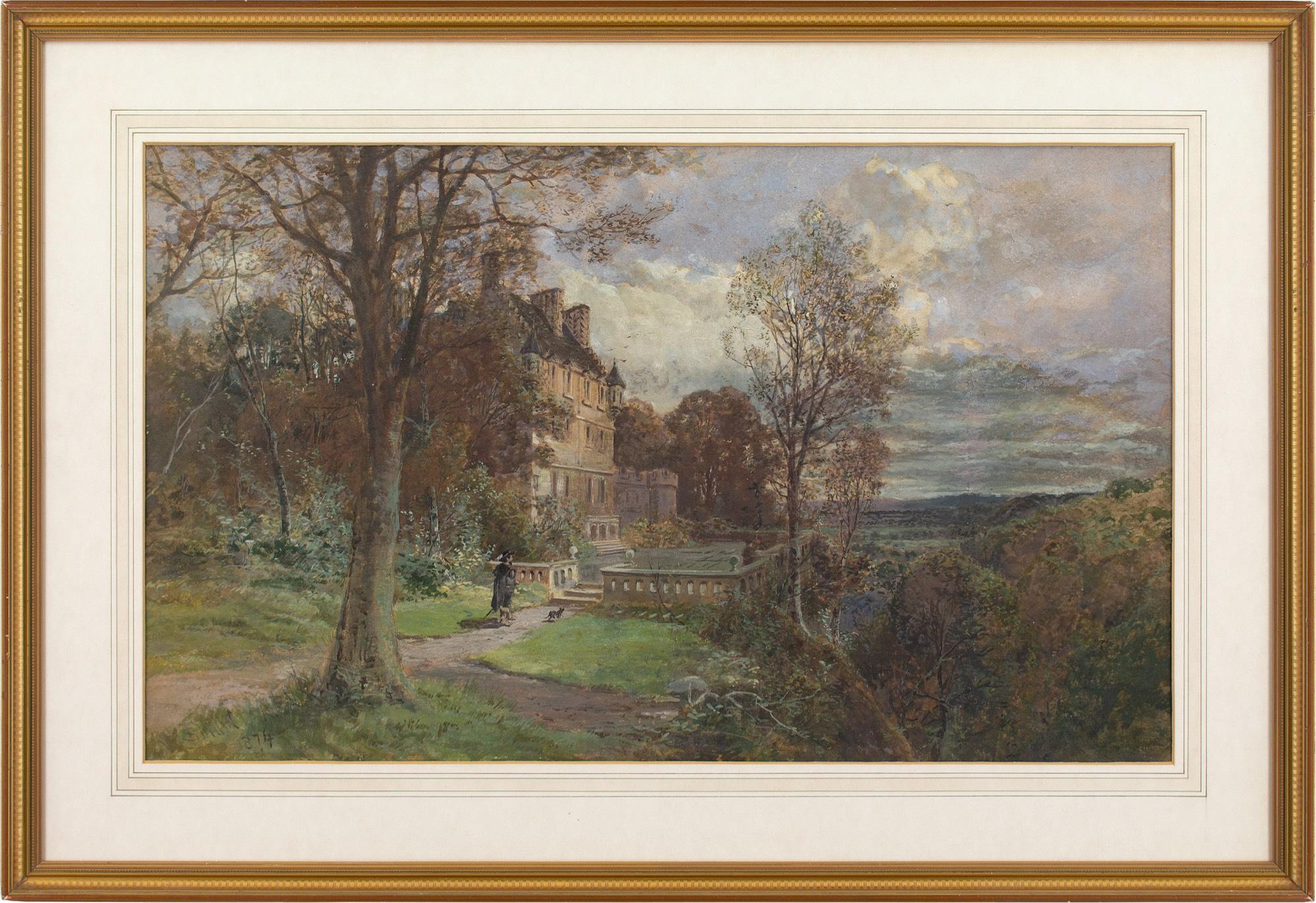 This late 19th-century watercolour by Scottish artist John Smart RSA RSW (1838-1899) depicts the grounds of a Scottish mansion in the baronial style.

Rooted atop a lofty peak, a grand old building beams with neo-gothic splendour. Its symmetrical