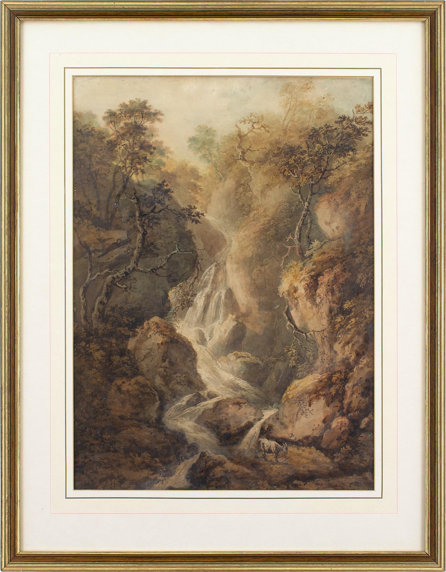 This early 19th-century watercolour by British artist Benjamin Barker of Bath (1776-1838) depicts a goat by a waterfall.

Tumbling over the crags and brutal rocks, water gushes with considerable force. It’s a zig-zagging authority of unbridled