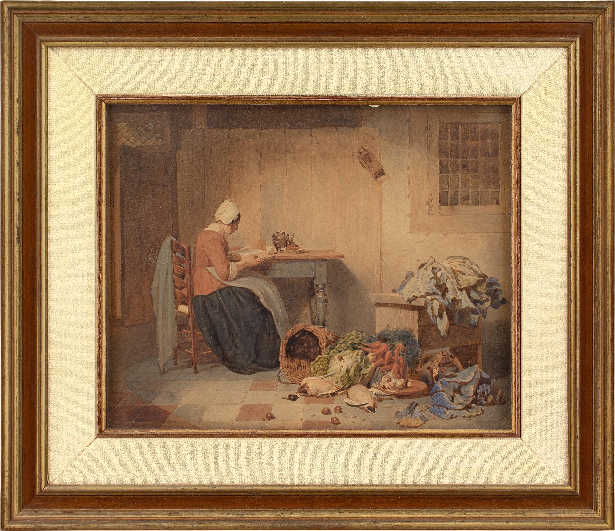 This mid-19th-century watercolour by Dutch artist Johannes Engel Masurel (1826-1915) depicts a young lady reading in a kitchen interior littered with vegetables.

Transfixed by the contents of a novel, she’s oblivious to the cluttered environment. A